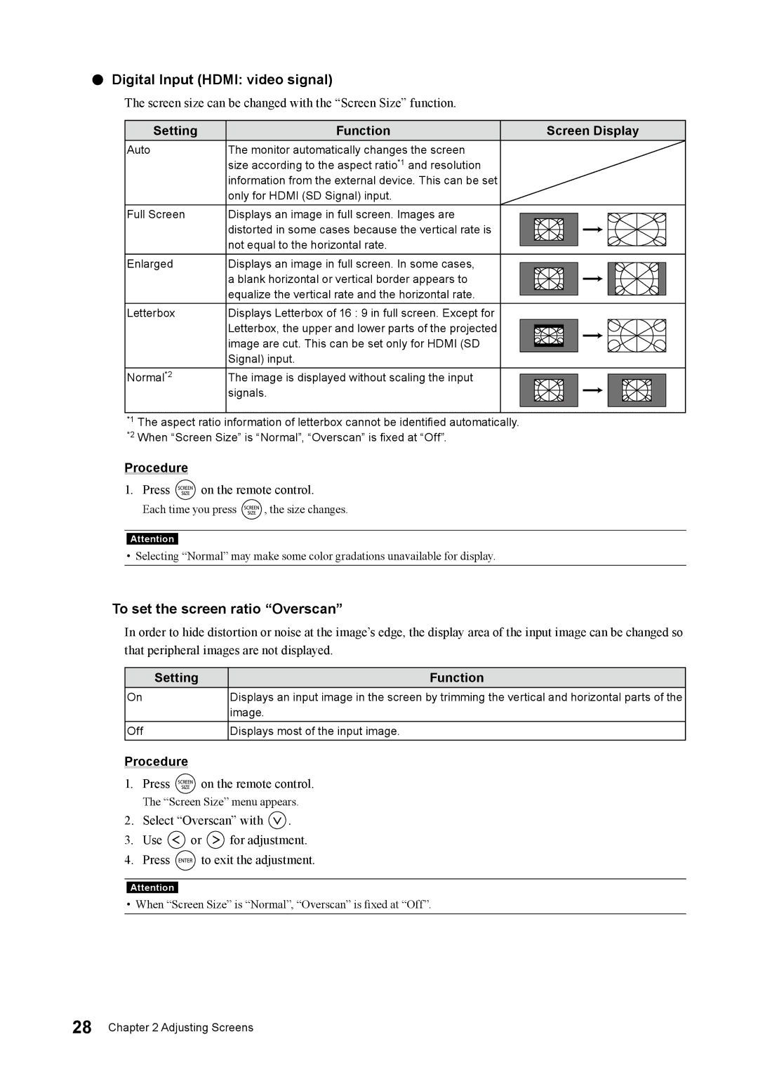 Eizo FS2332 user manual To set the screen ratio Overscan, Setting Function Screen Display 