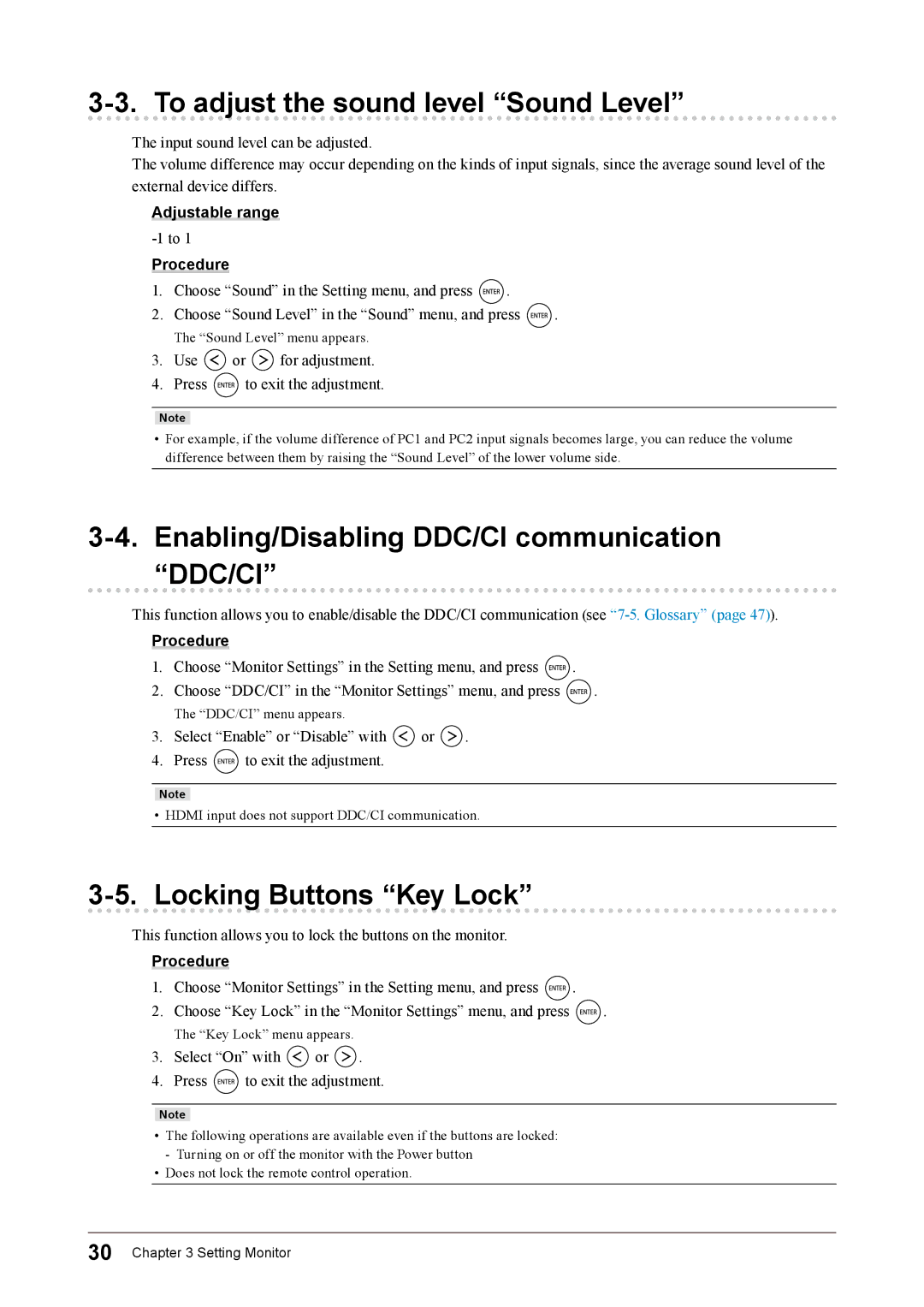 Eizo FS2332 user manual To adjust the sound level Sound Level, Enabling/Disabling DDC/CI communication DDC/CI 