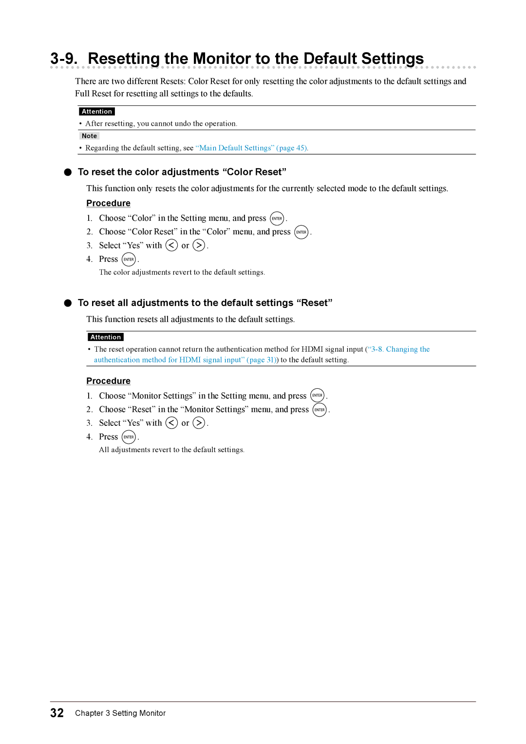 Eizo FS2332 user manual Resetting the Monitor to the Default Settings, To reset the color adjustments Color Reset 