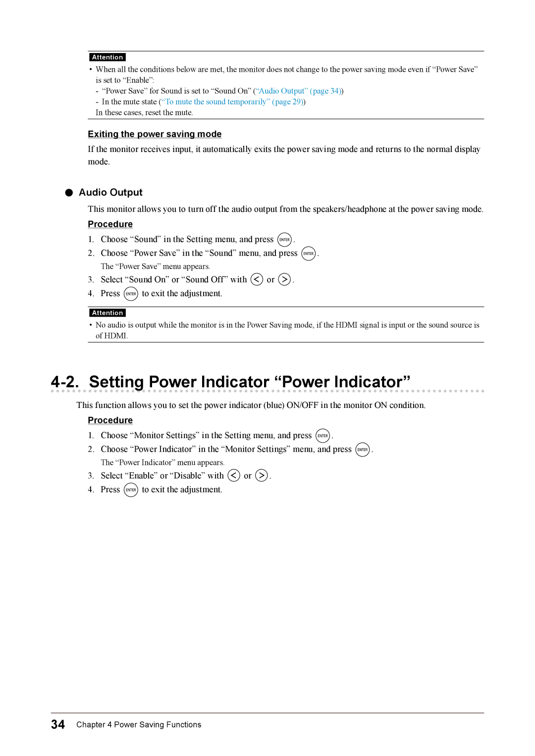 Eizo FS2332 user manual Setting Power Indicator Power Indicator, Audio Output, Exiting the power saving mode 