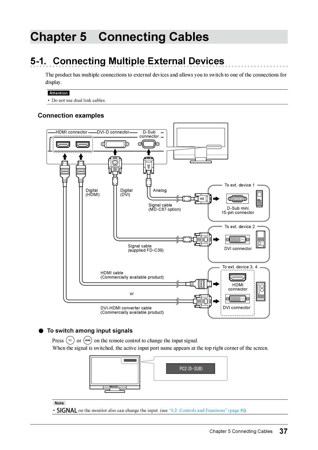 Eizo FS2332 Connecting Cables, Connecting Multiple External Devices, Connection examples, To switch among input signals 