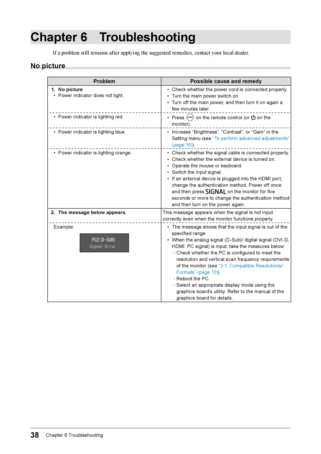 Eizo FS2332 user manual Troubleshooting, Problem Possible cause and remedy 