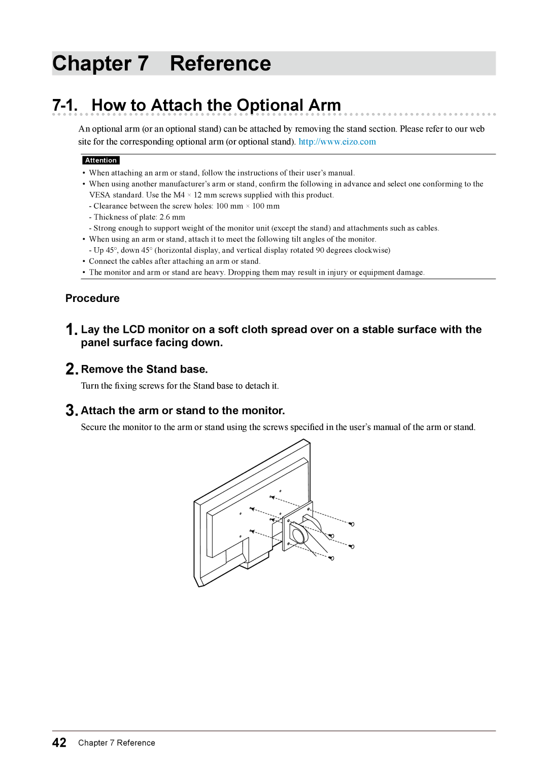 Eizo FS2332 user manual Reference, How to Attach the Optional Arm, Attach the arm or stand to the monitor 