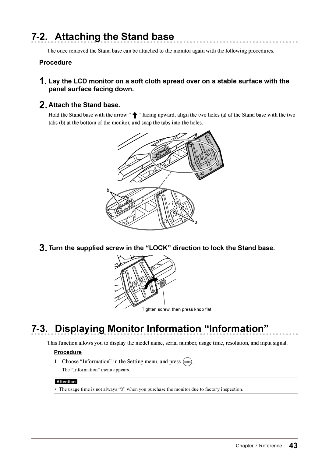 Eizo FS2332 user manual Attaching the Stand base, Displaying Monitor Information Information 