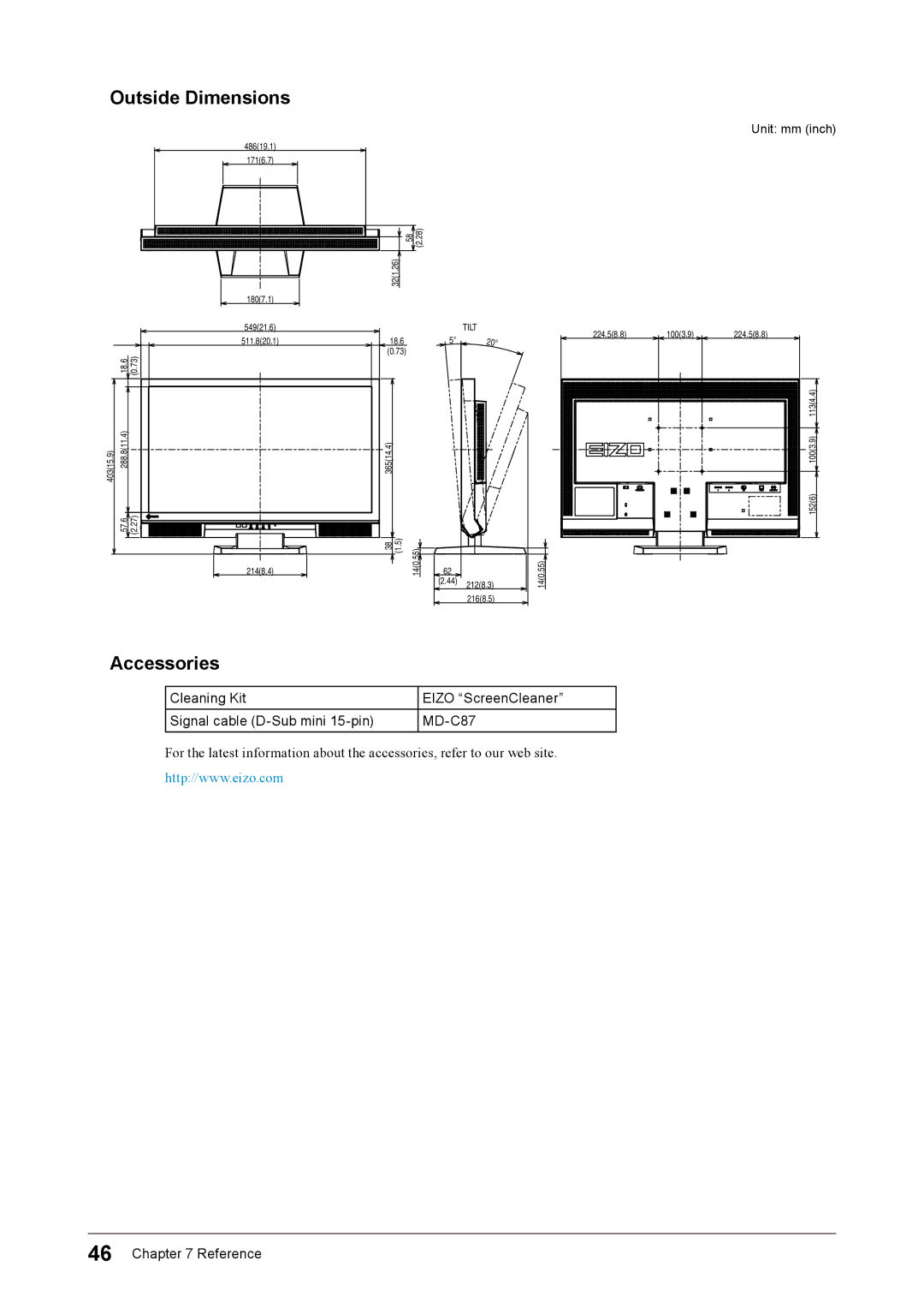 Eizo FS2332 user manual Outside Dimensions, Accessories 