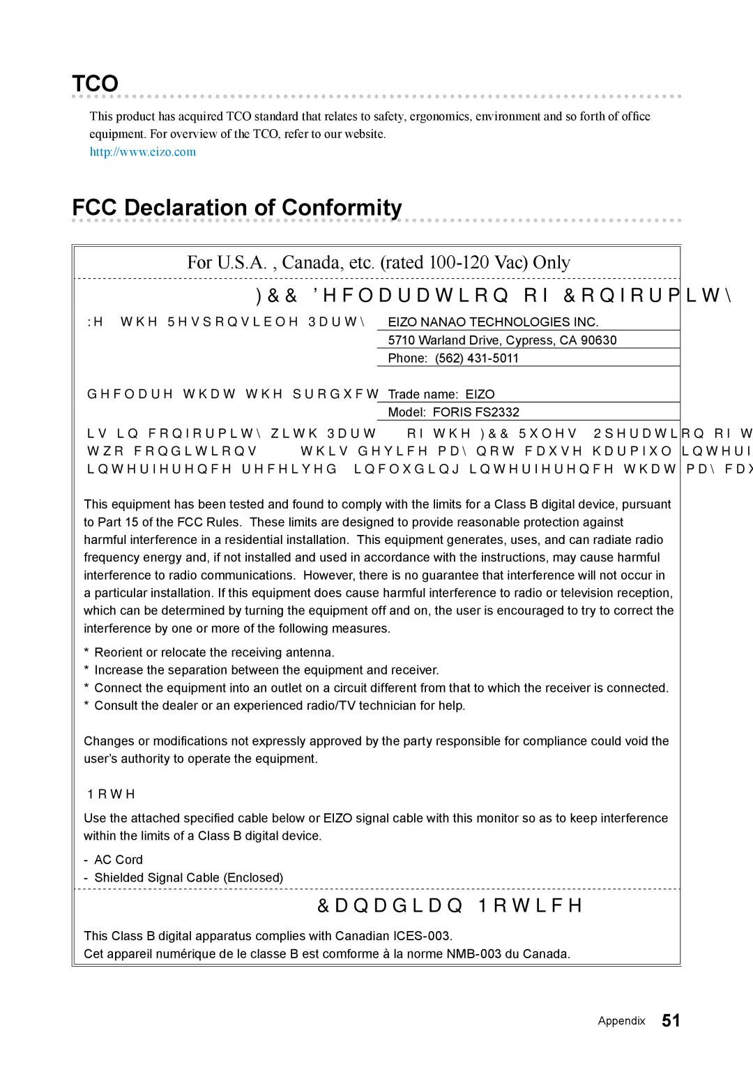 Eizo FS2332 user manual Tco, FCC Declaration of Conformity 