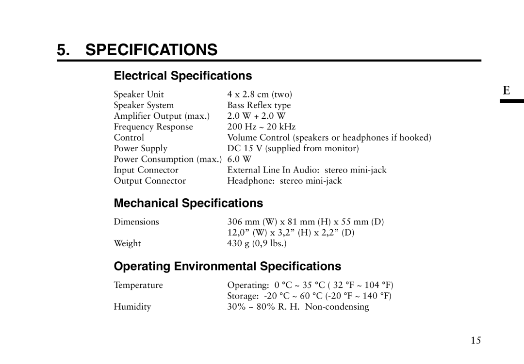 Eizo iSound L2 manual Electrical Specifications, Mechanical Specifications, Operating Environmental Specifications 