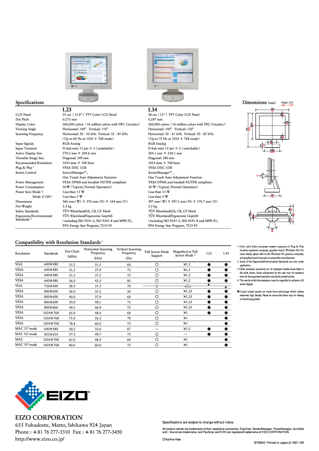 Eizo L34, L23 manual Eizo Corporation, Specifications, Compatibility with Resolution Standards 