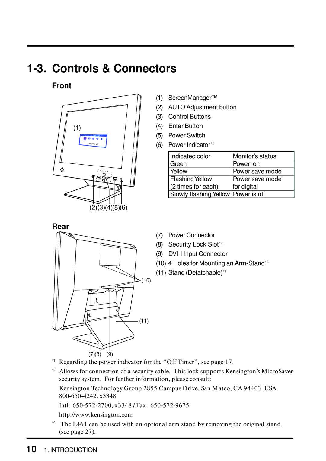 Eizo L461 manual Controls & Connectors, Front, Rear 