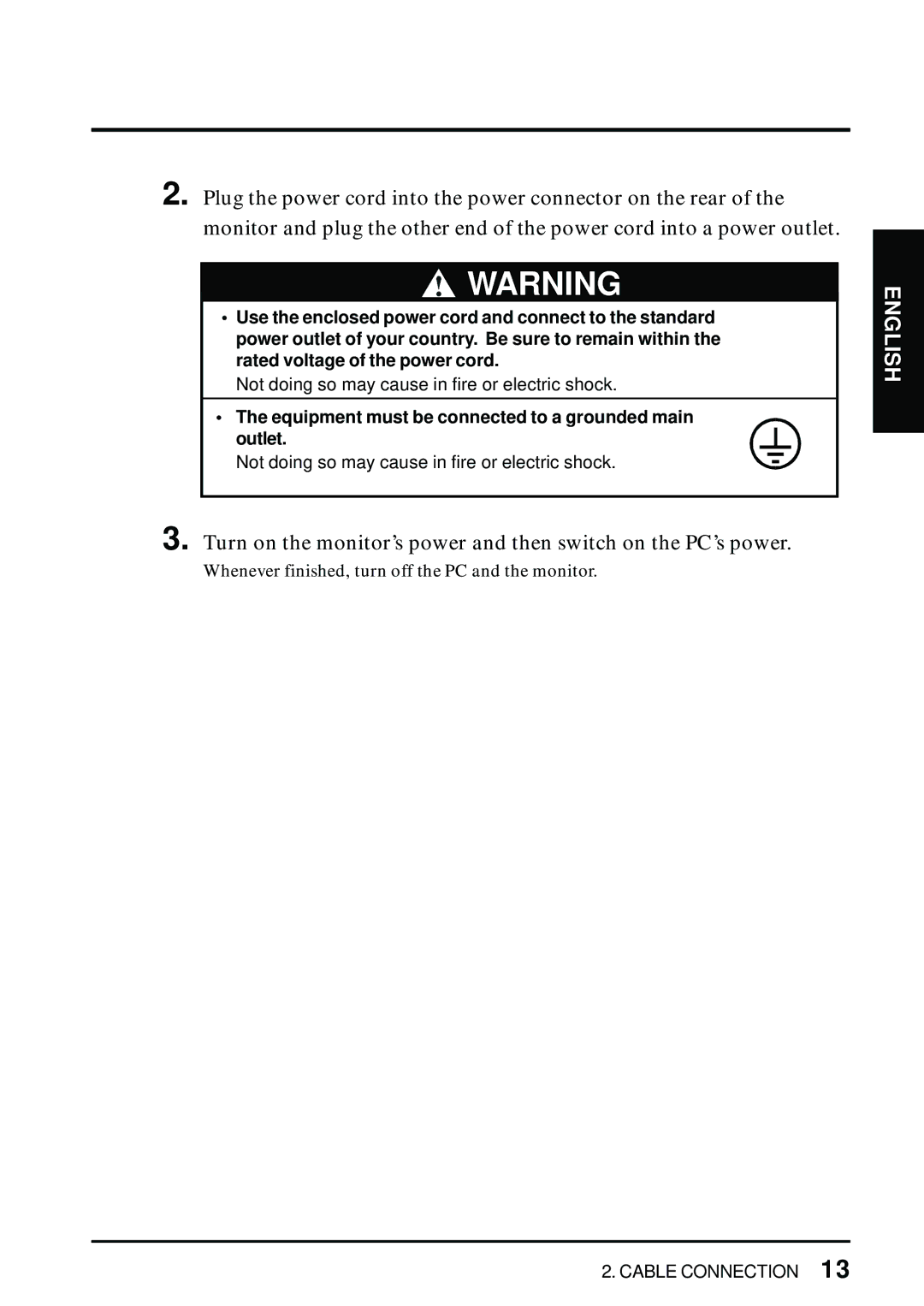 Eizo L461 manual Equipment must be connected to a grounded main Outlet 