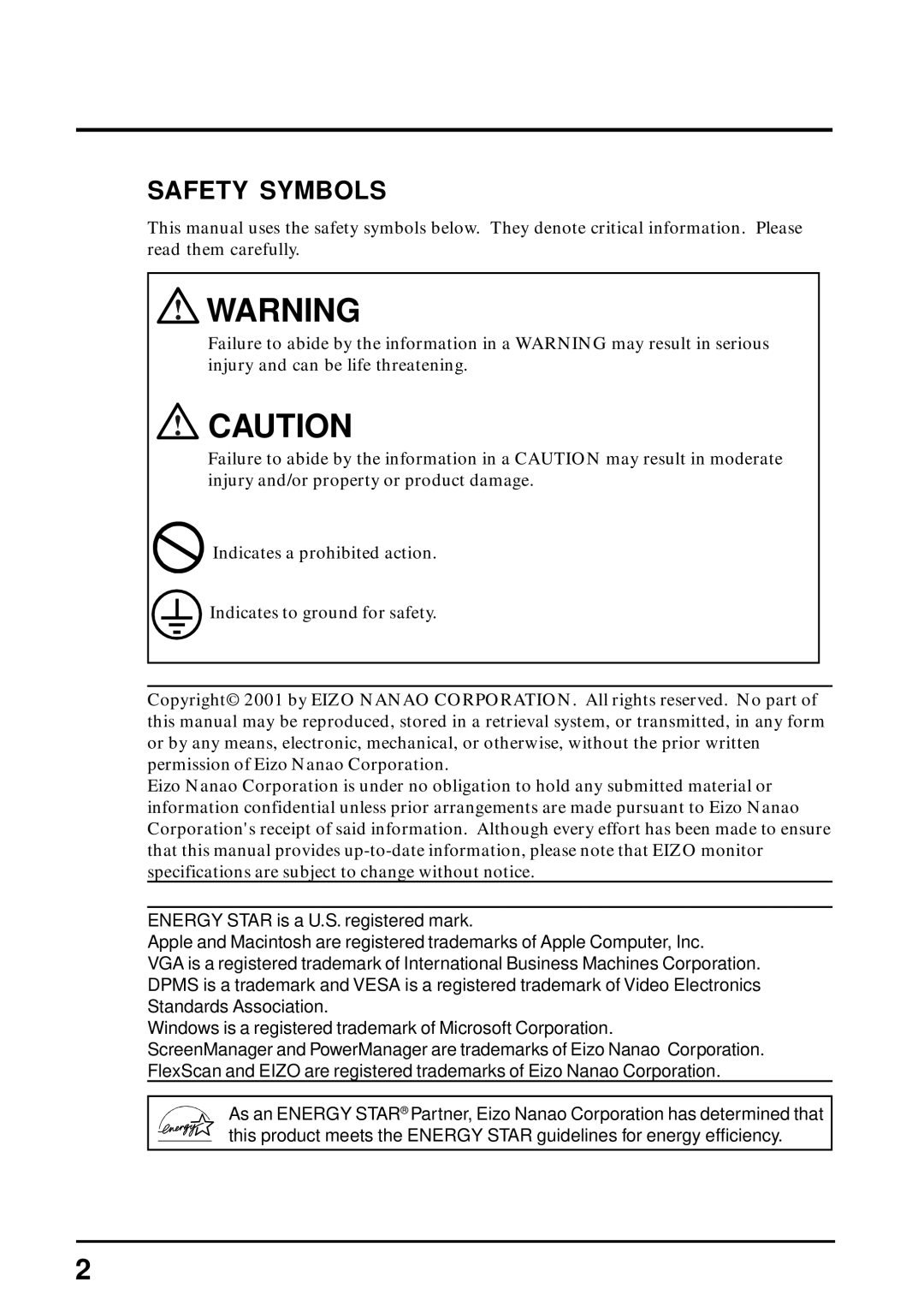 Eizo L461 manual Safety Symbols 