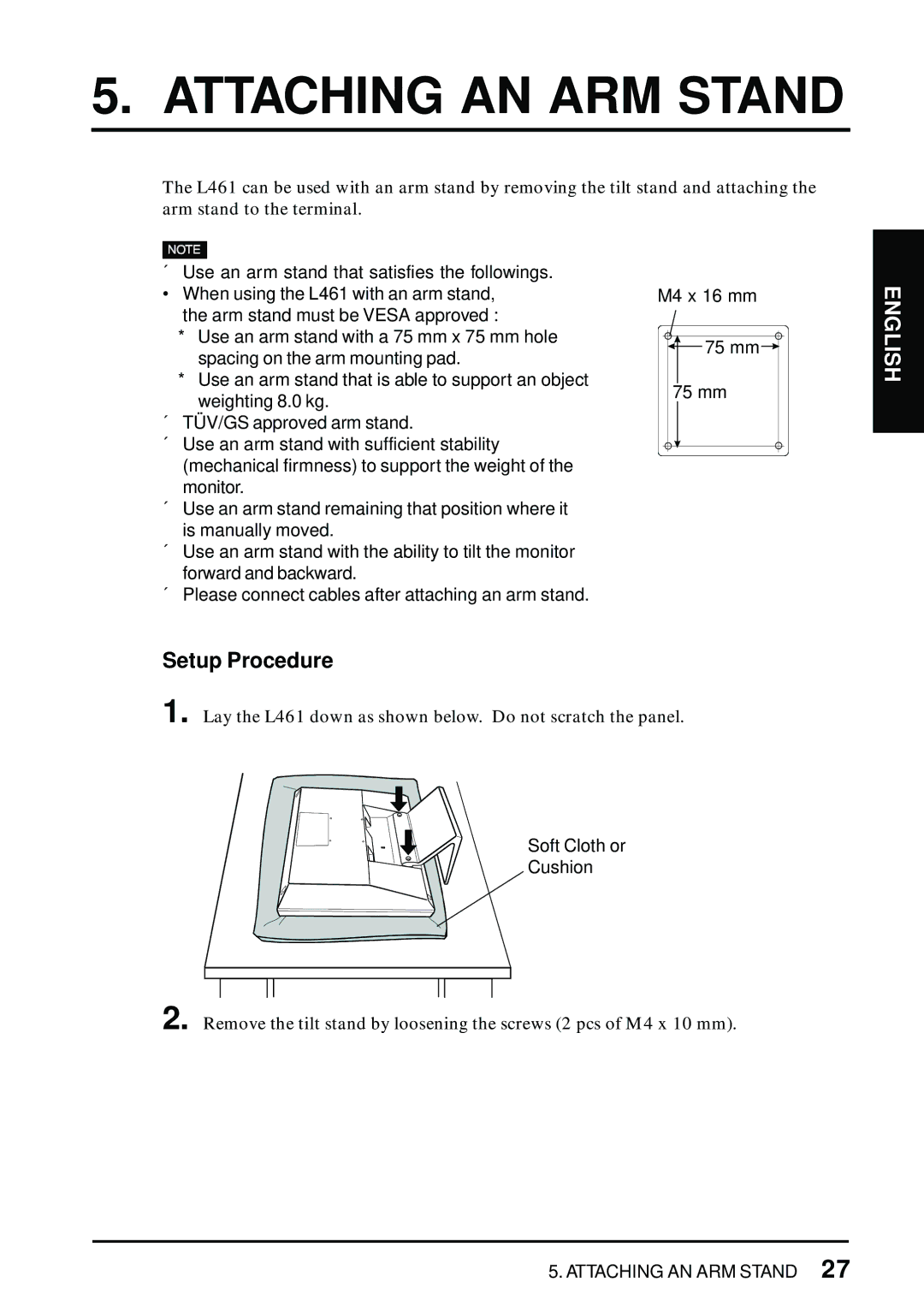 Eizo L461 manual Attaching AN ARM Stand, Setup Procedure 