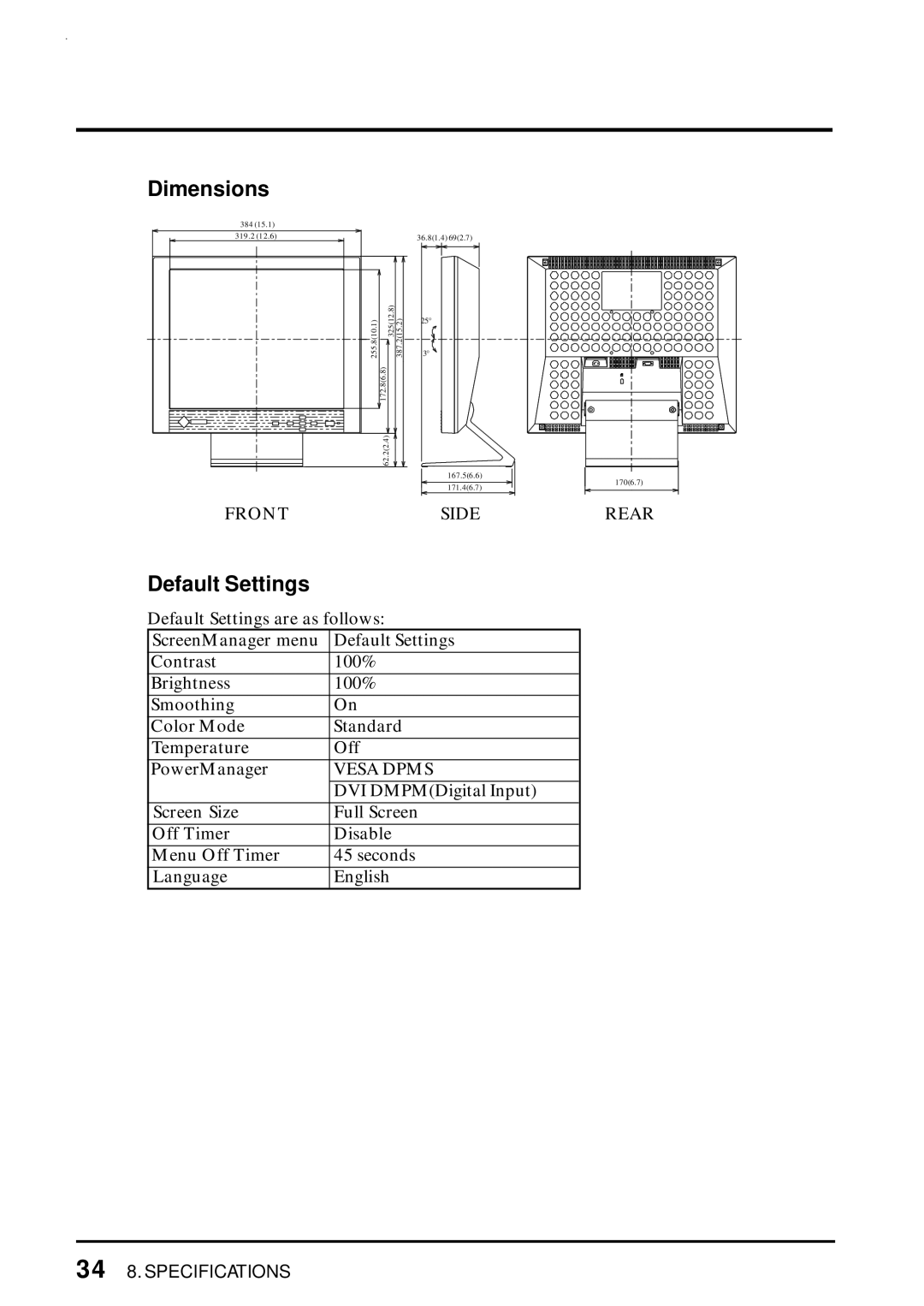 Eizo L461 manual Dimensions, Default Settings 