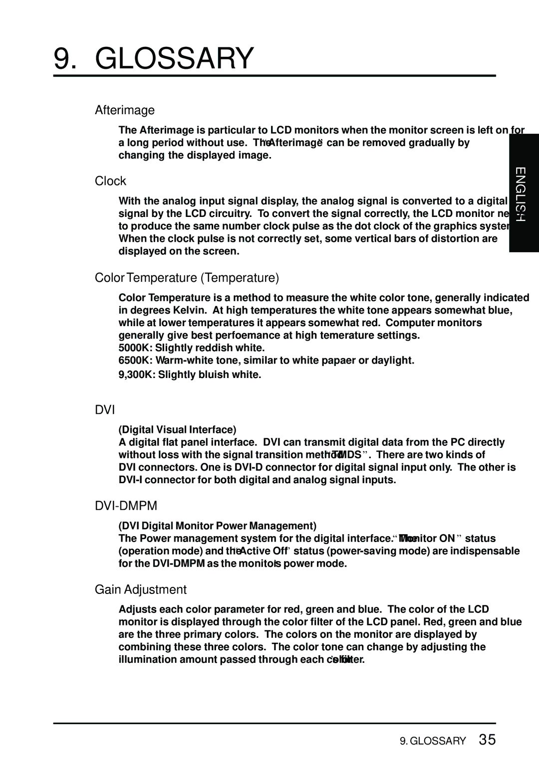 Eizo L461 manual Glossary, Afterimage, Clock, Color Temperature Temperature, Gain Adjustment 