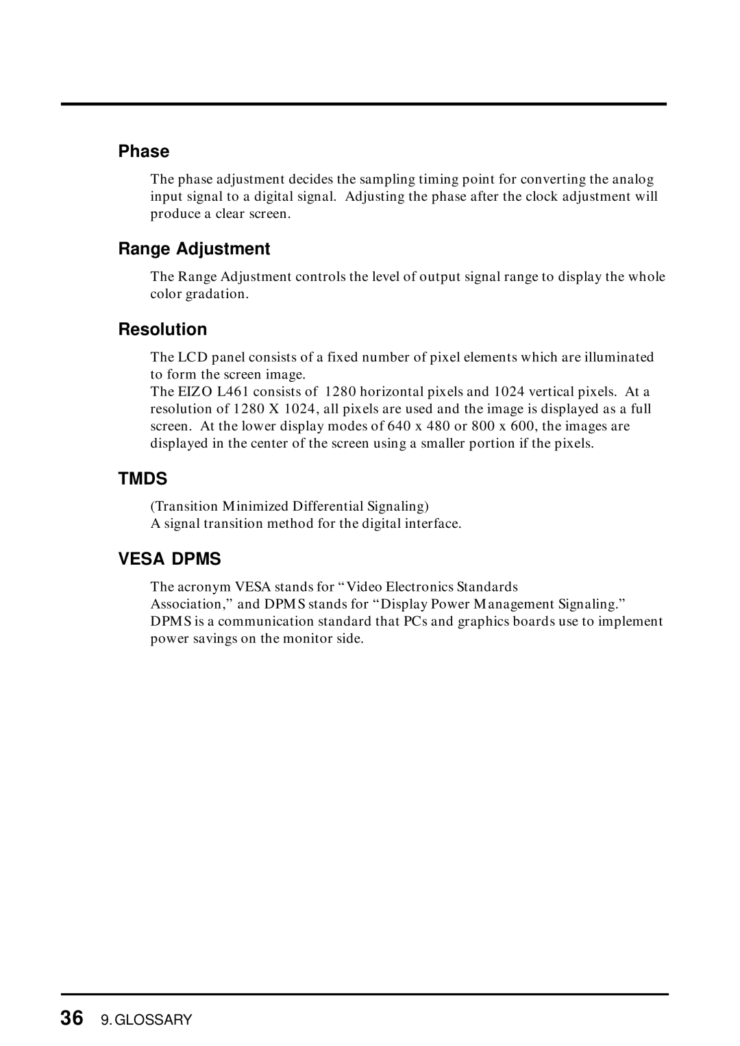 Eizo L461 manual Phase, Range Adjustment, Resolution 