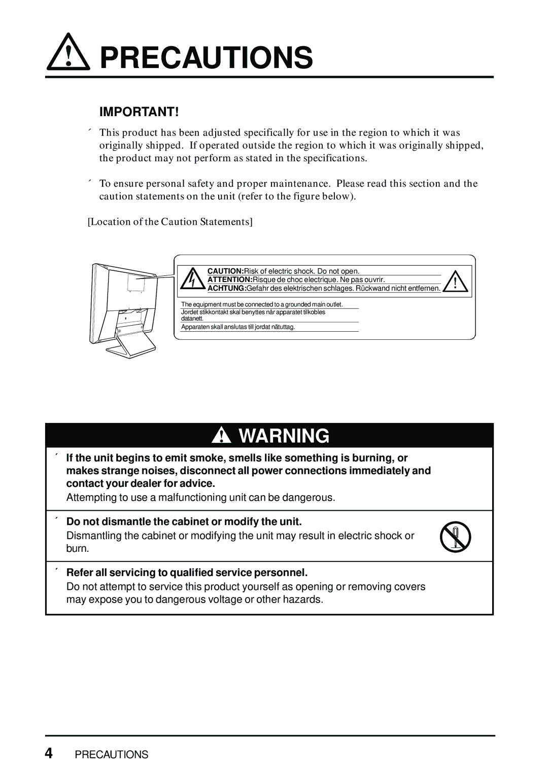 Eizo L461 manual Precautions, ´ Do not dismantle the cabinet or modify the unit 