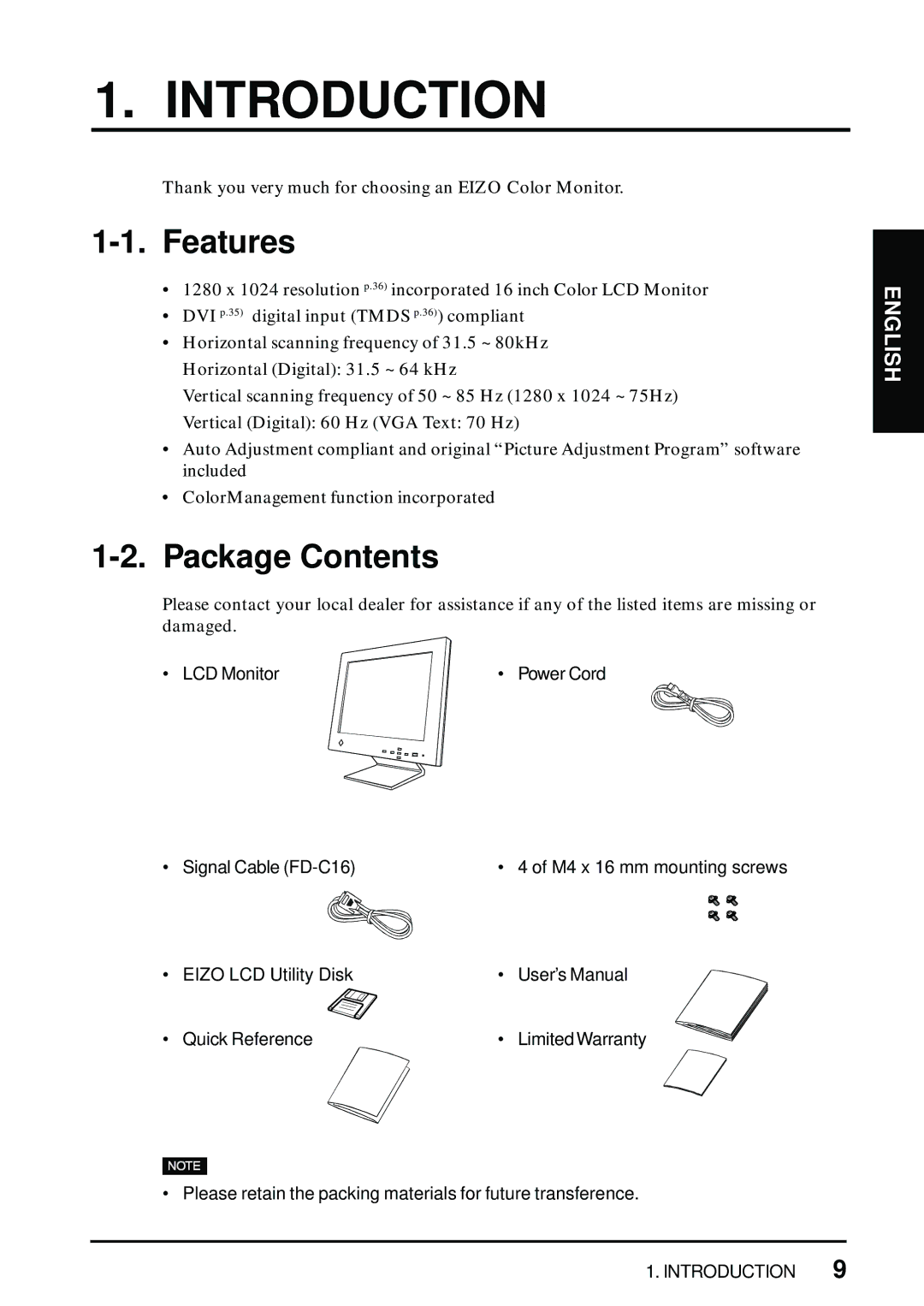 Eizo L461 manual Introduction, Features, Package Contents 