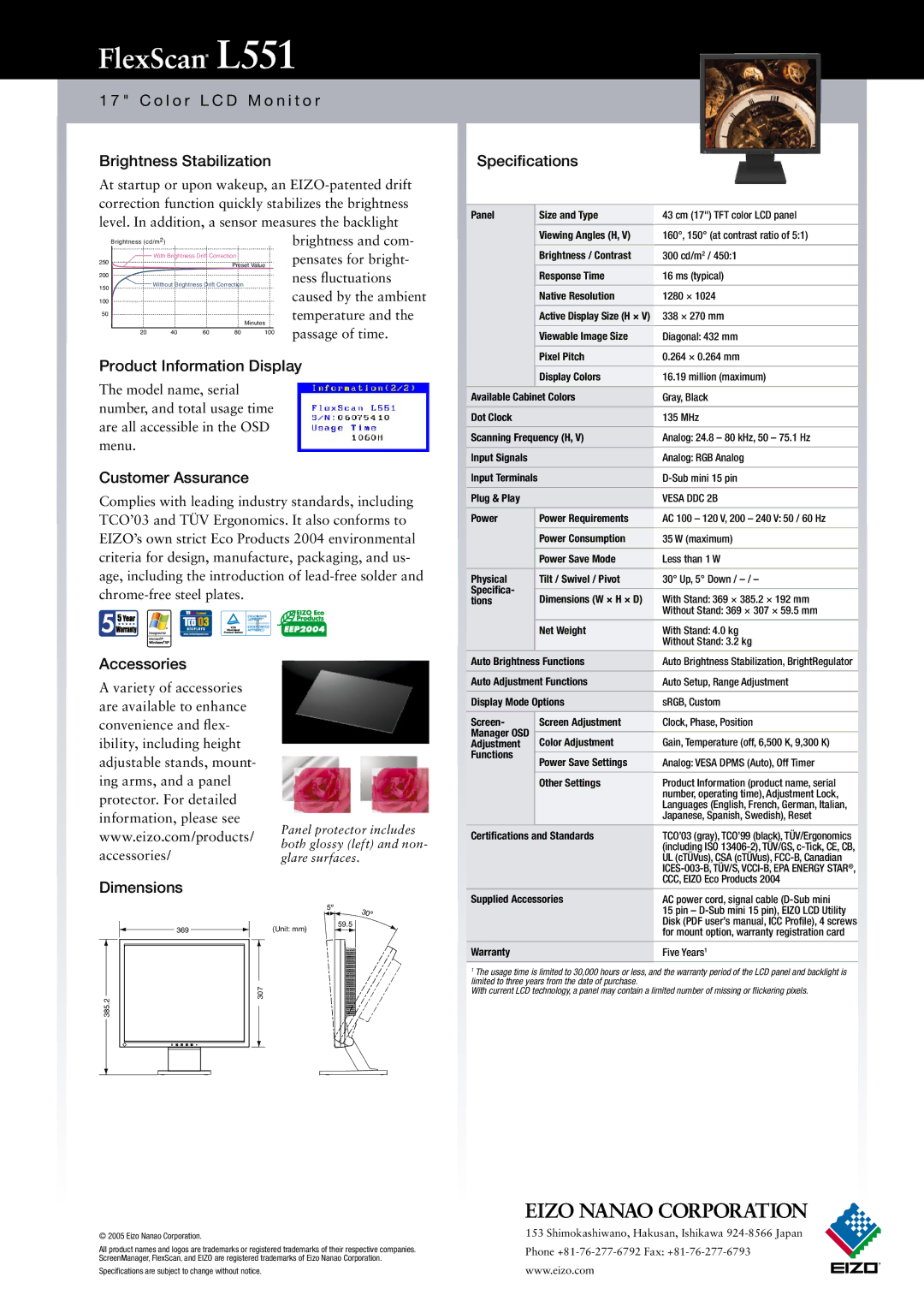 Eizo L551 warranty O l o r L C D M o n i t o r Brightness Stabilization, Product Information Display, Customer Assurance 