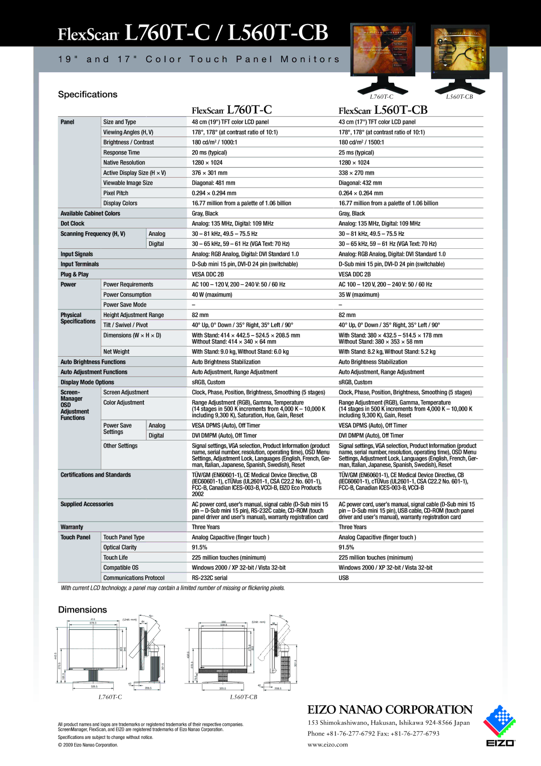 Eizo L560T-CB warranty Dimensions 