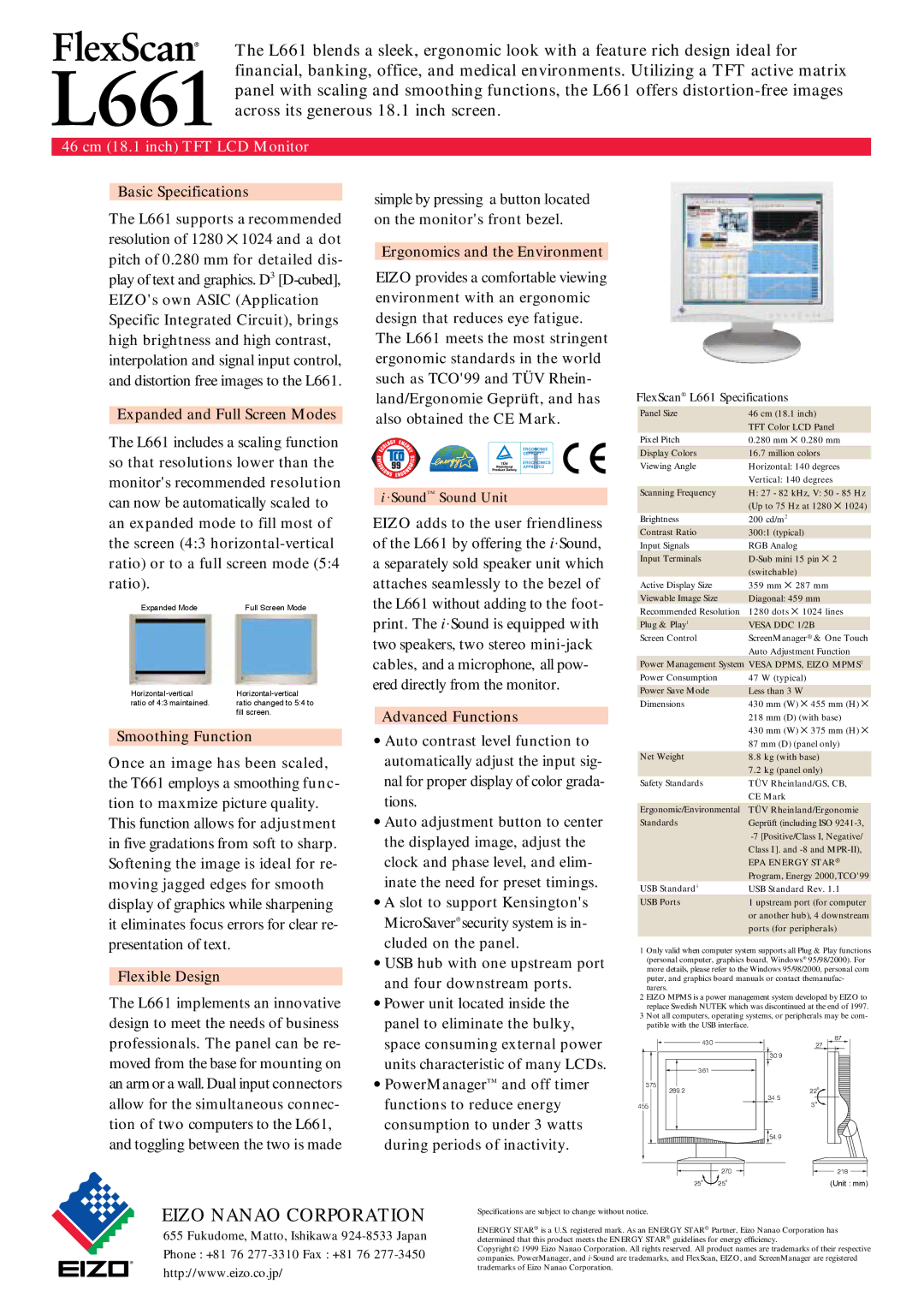 Eizo L661 Basic Specifications, Expanded and Full Screen Modes, Smoothing Function, Flexible Design, Advanced Functions 