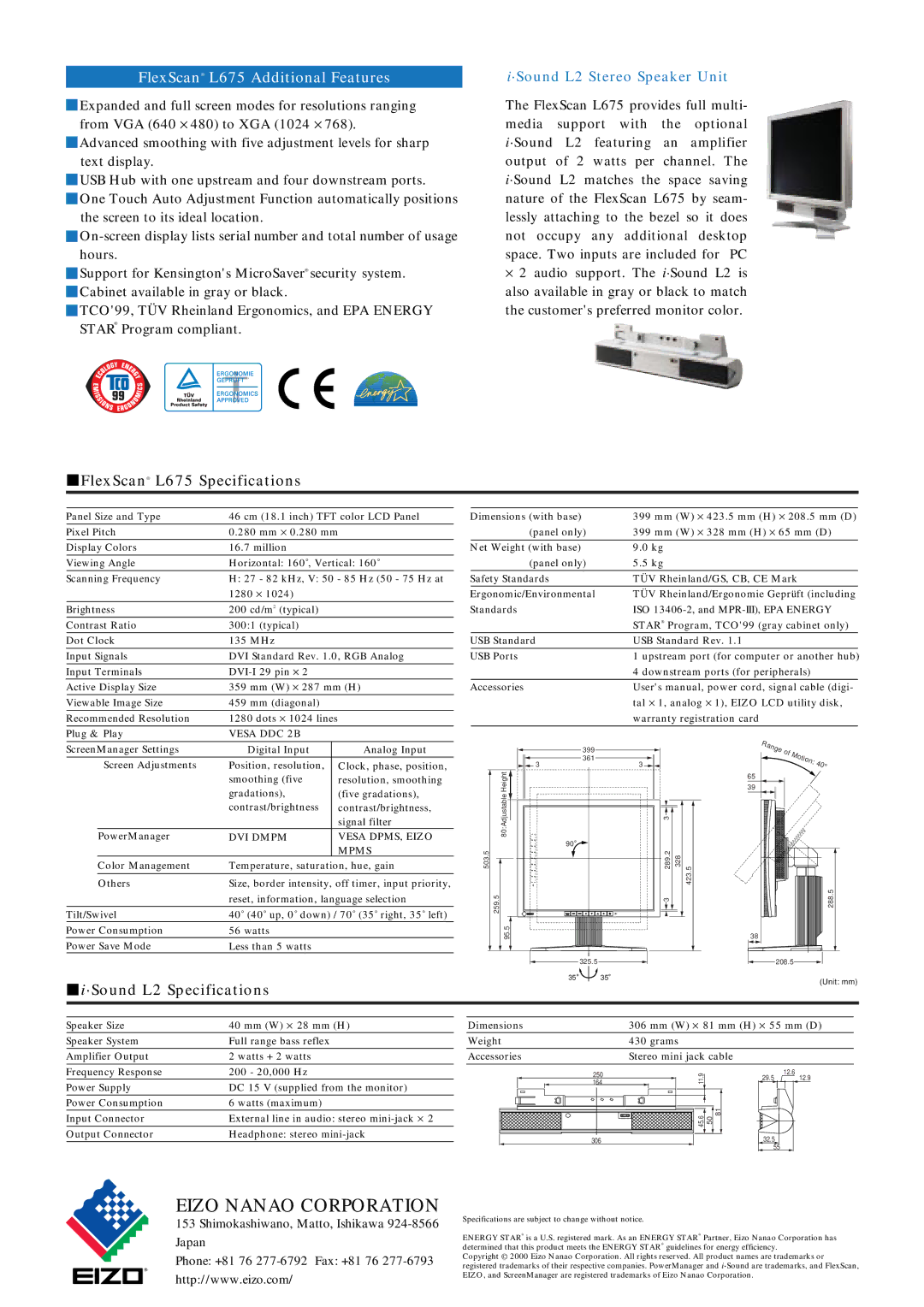 Eizo manual ·Sound L2 Stereo Speaker Unit, FlexScan L675 Specifications, ·Sound L2 Specifications, Vesa DDC 2B 