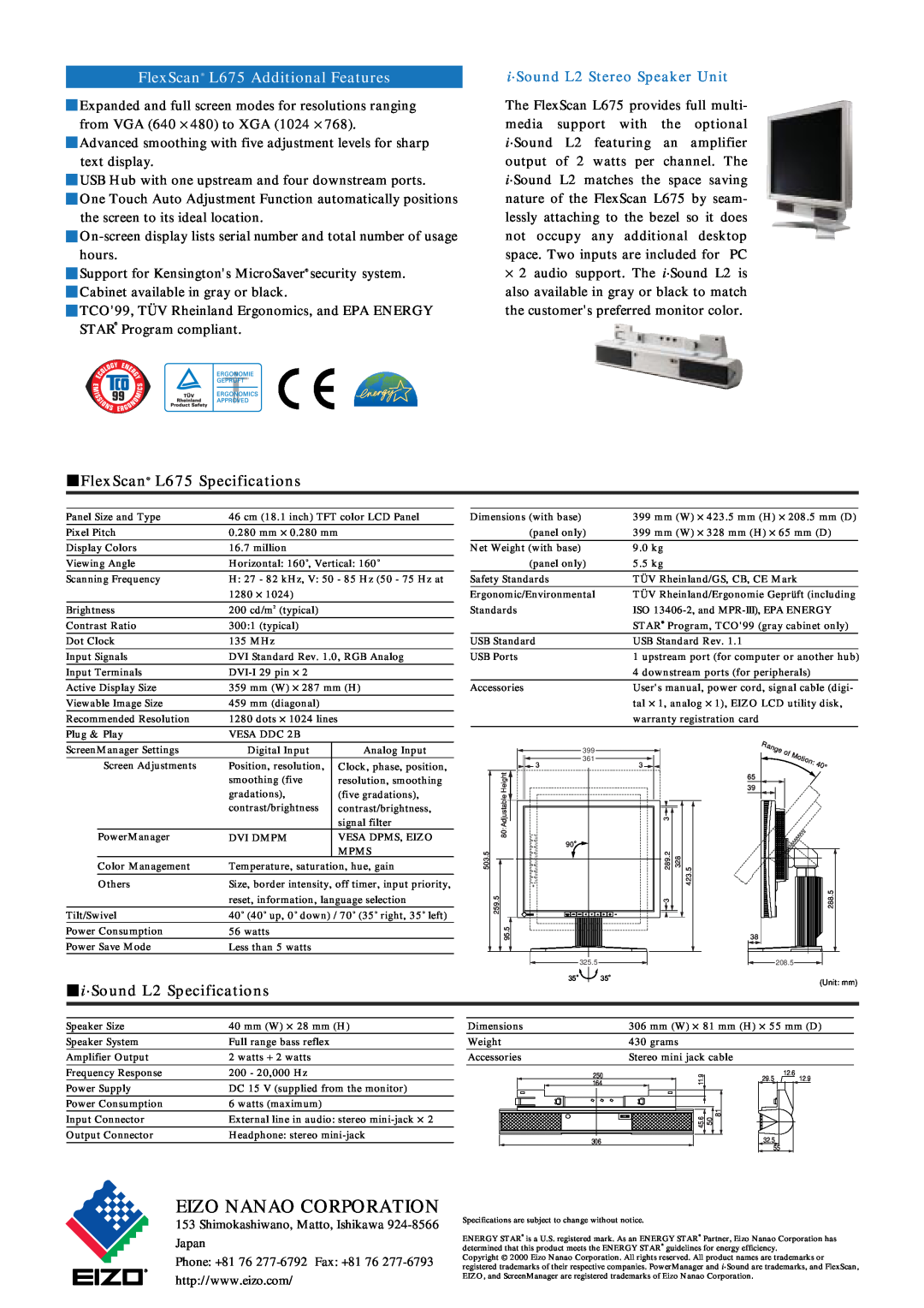 Eizo manual Eizo Nanao Corporation, FlexScan L675 Additional Features, i·Sound L2 Stereo Speaker Unit 