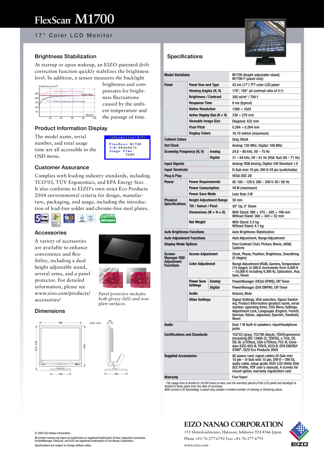 Eizo M1700 warranty O l o r L C D M o n i t o r Brightness Stabilization, Product Information Display, Customer Assurance 