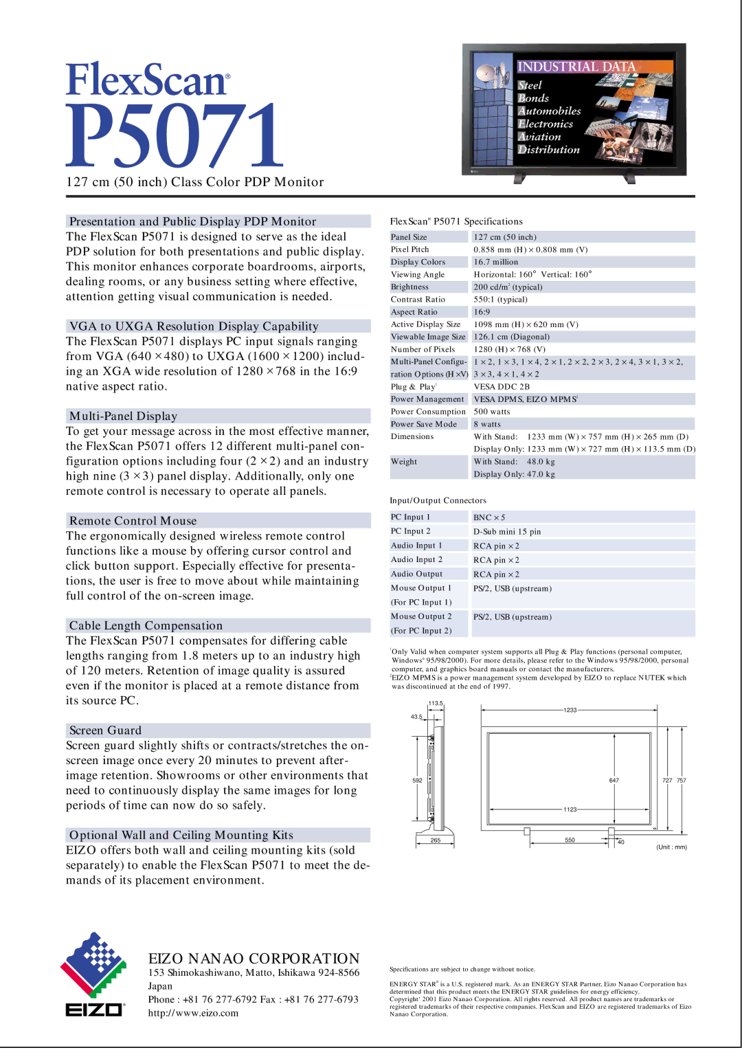 Eizo P5071 Presentation and Public Display PDP Monitor, VGA to Uxga Resolution Display Capability, Multi-Panel Display 