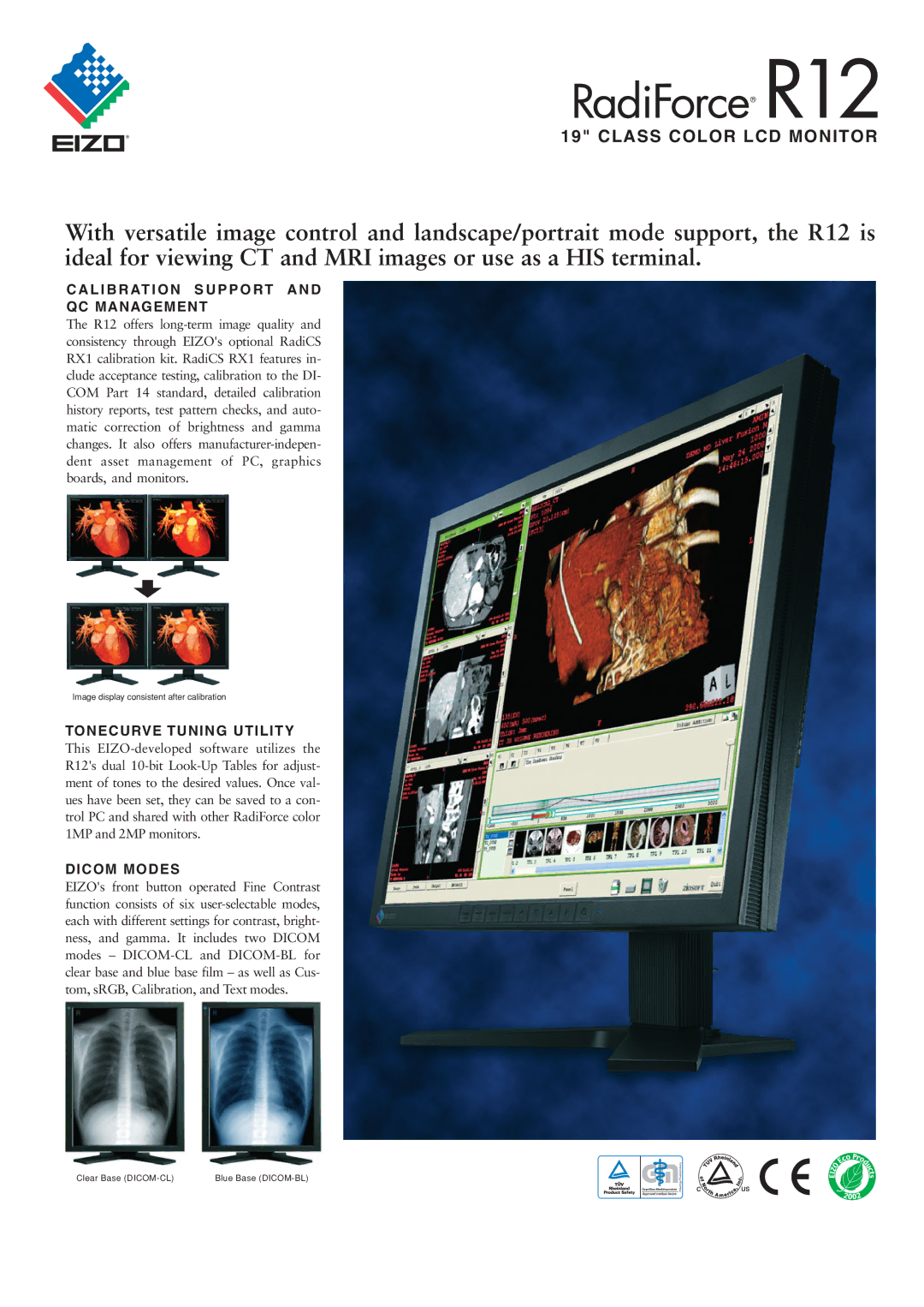 Eizo R12 manual L I B R AT I O N S U P P O RT a N D QC Management, Tonecurve Tuning Utility, Dicom Modes 