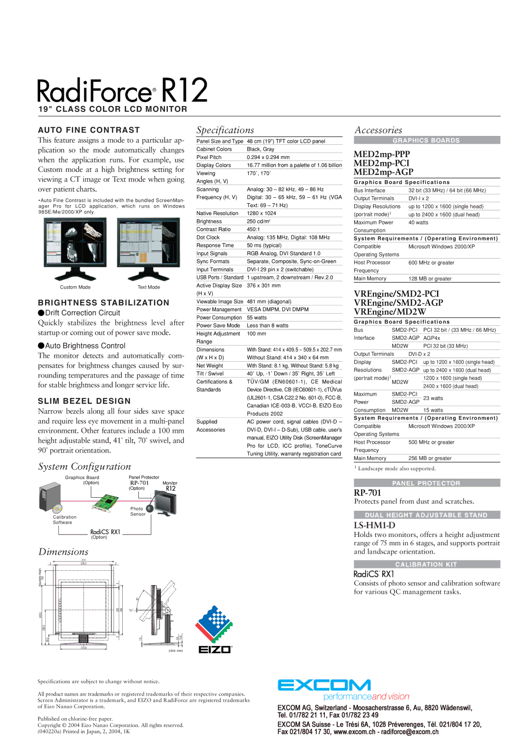 Eizo R12 manual Specifications, Accessories, System Configuration, Dimensions 