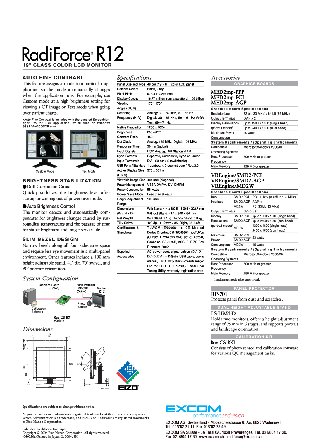 Eizo R12 Class Color Lcd Monitor, Auto Fine Contrast, Brightness Stabilization, Slim Bezel Design, Specifications, RP-701 