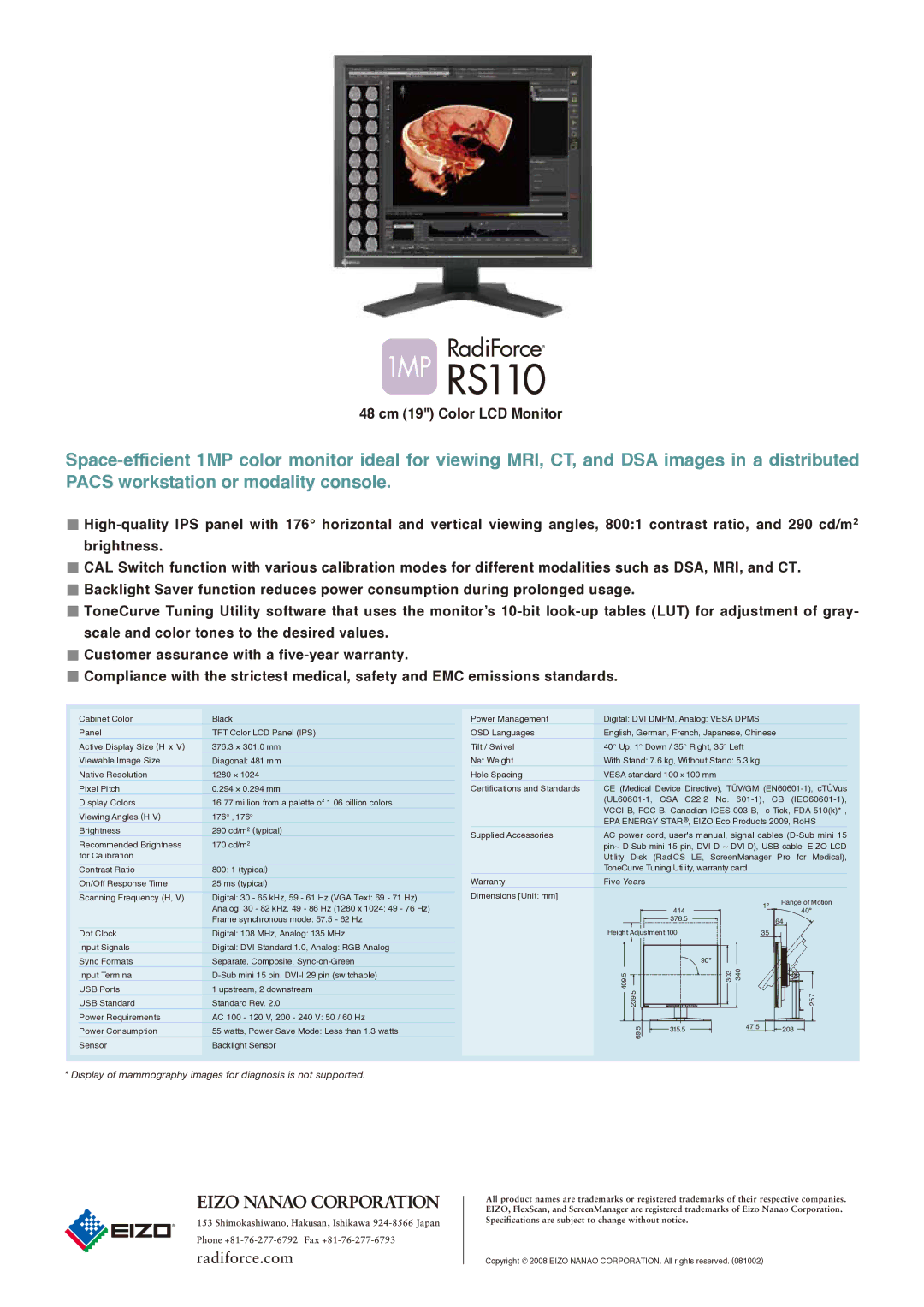 Eizo RS110 manual 48 cm 19 Color LCD Monitor 