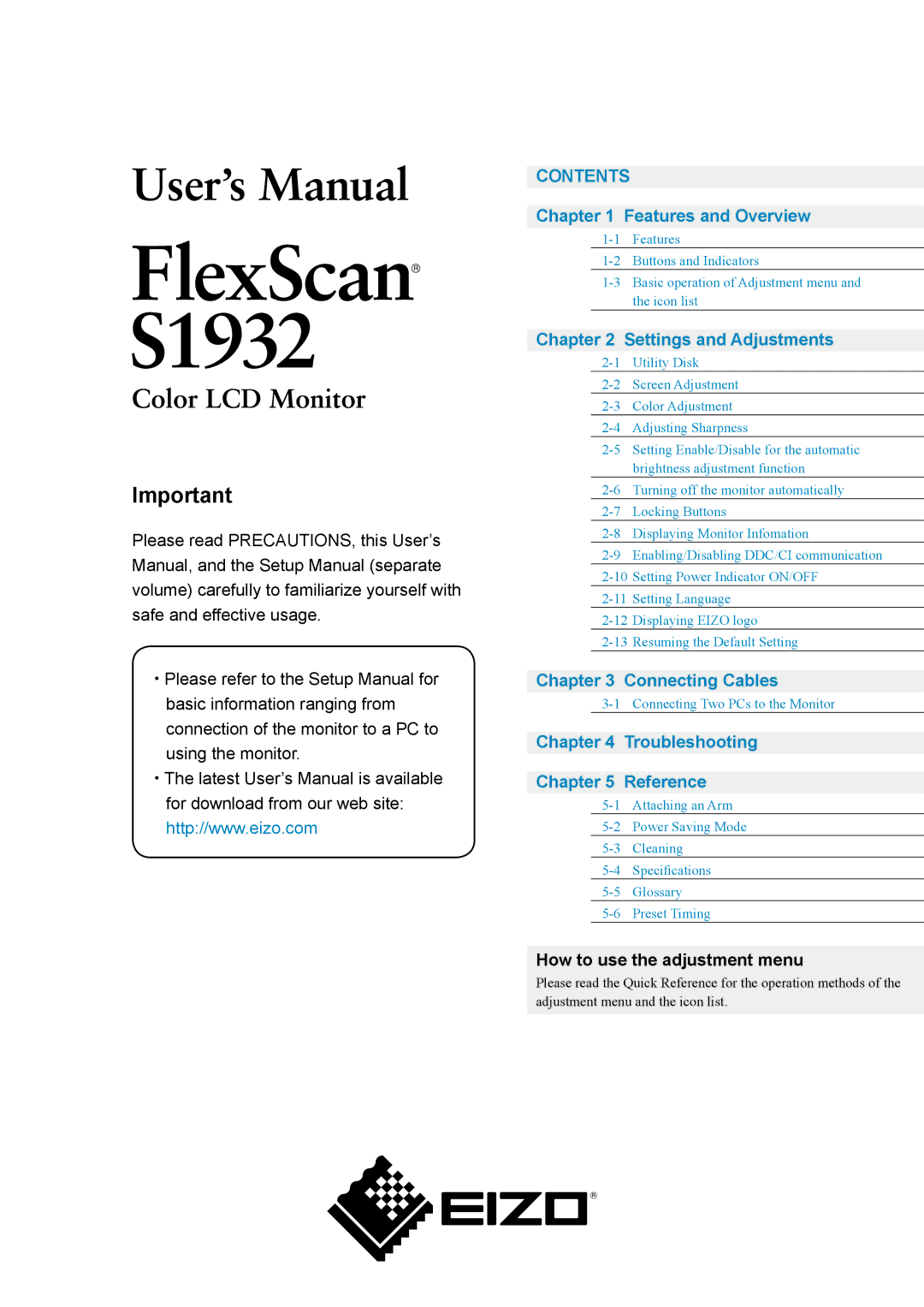 Eizo S1932 manual Contents 