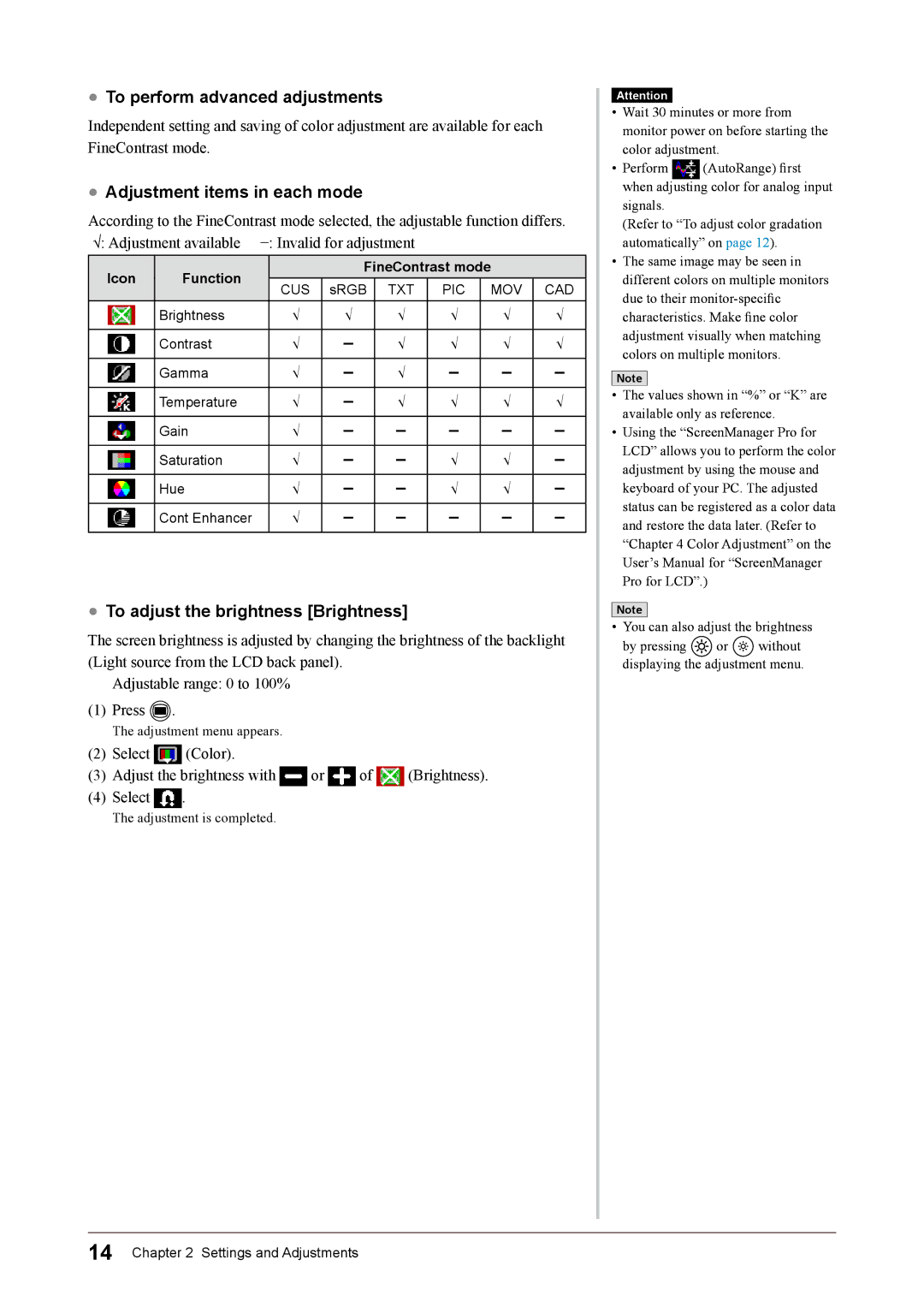 Eizo S1932 manual To perform advanced adjustments, Adjustment items in each mode, To adjust the brightness Brightness 