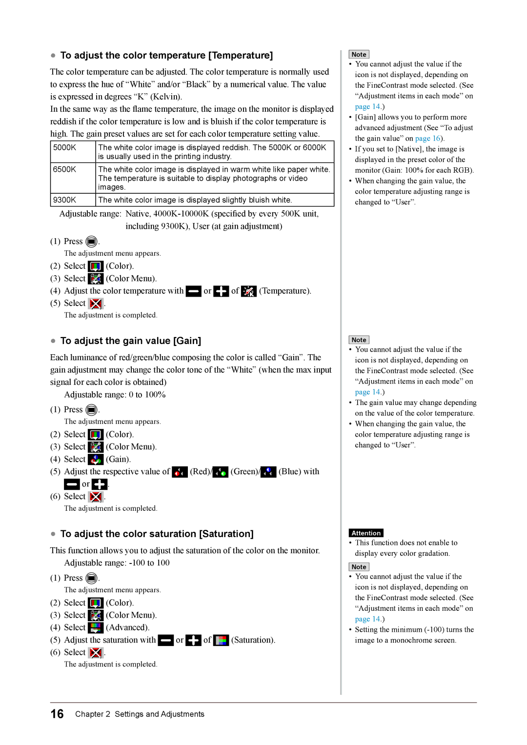 Eizo S1932 manual To adjust the color temperature Temperature, To adjust the gain value Gain 