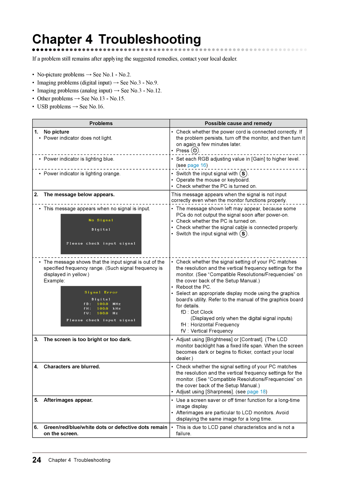 Eizo S1932 manual Problems Possible cause and remedy No picture, Message below appears, Screen is too bright or too dark 