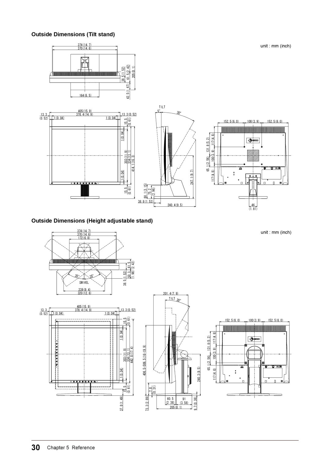 Eizo S1932 manual Outside Dimensions Tilt stand, Outside Dimensions Height adjustable stand 