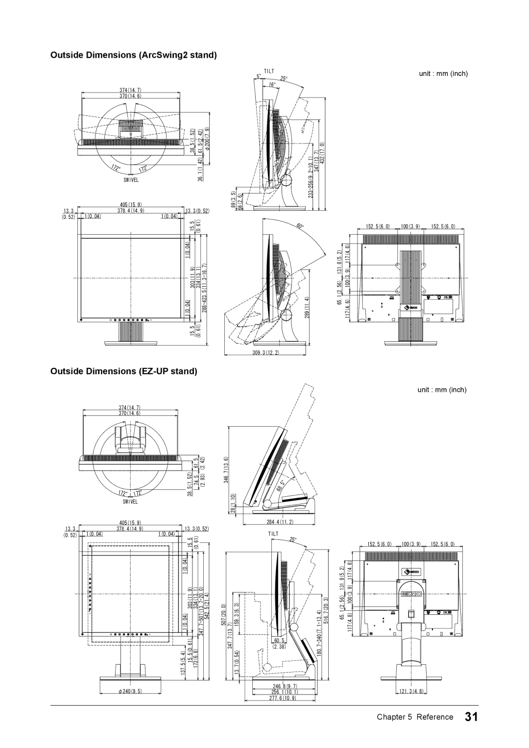 Eizo S1932 manual Outside Dimensions ArcSwing2 stand, Outside Dimensions EZ-UP stand 