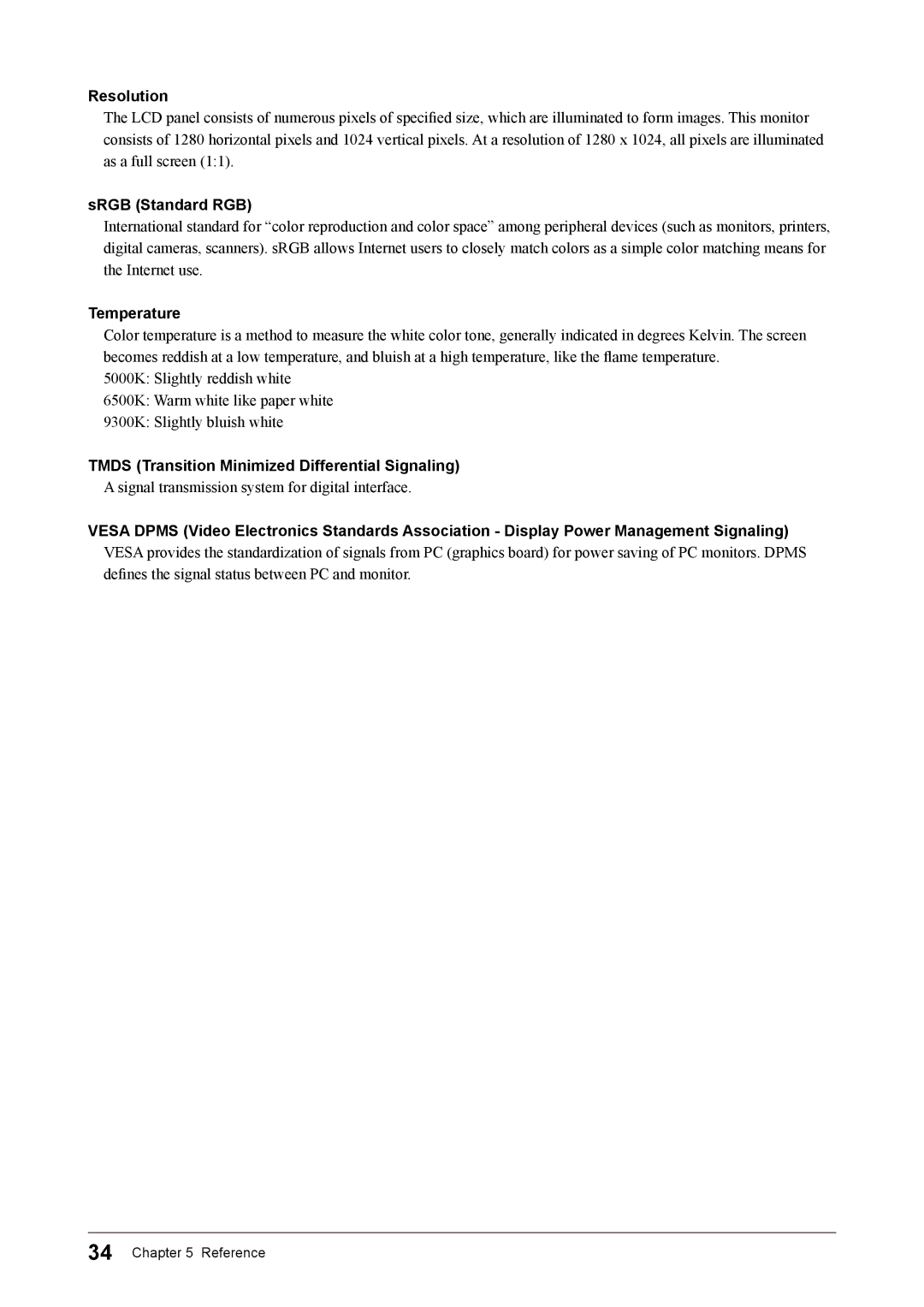 Eizo S1932 manual Resolution, SRGB Standard RGB, Temperature, Tmds Transition Minimized Differential Signaling 