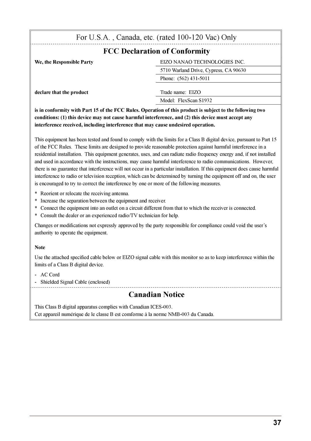 Eizo S1932 manual FCC Declaration of Conformity 