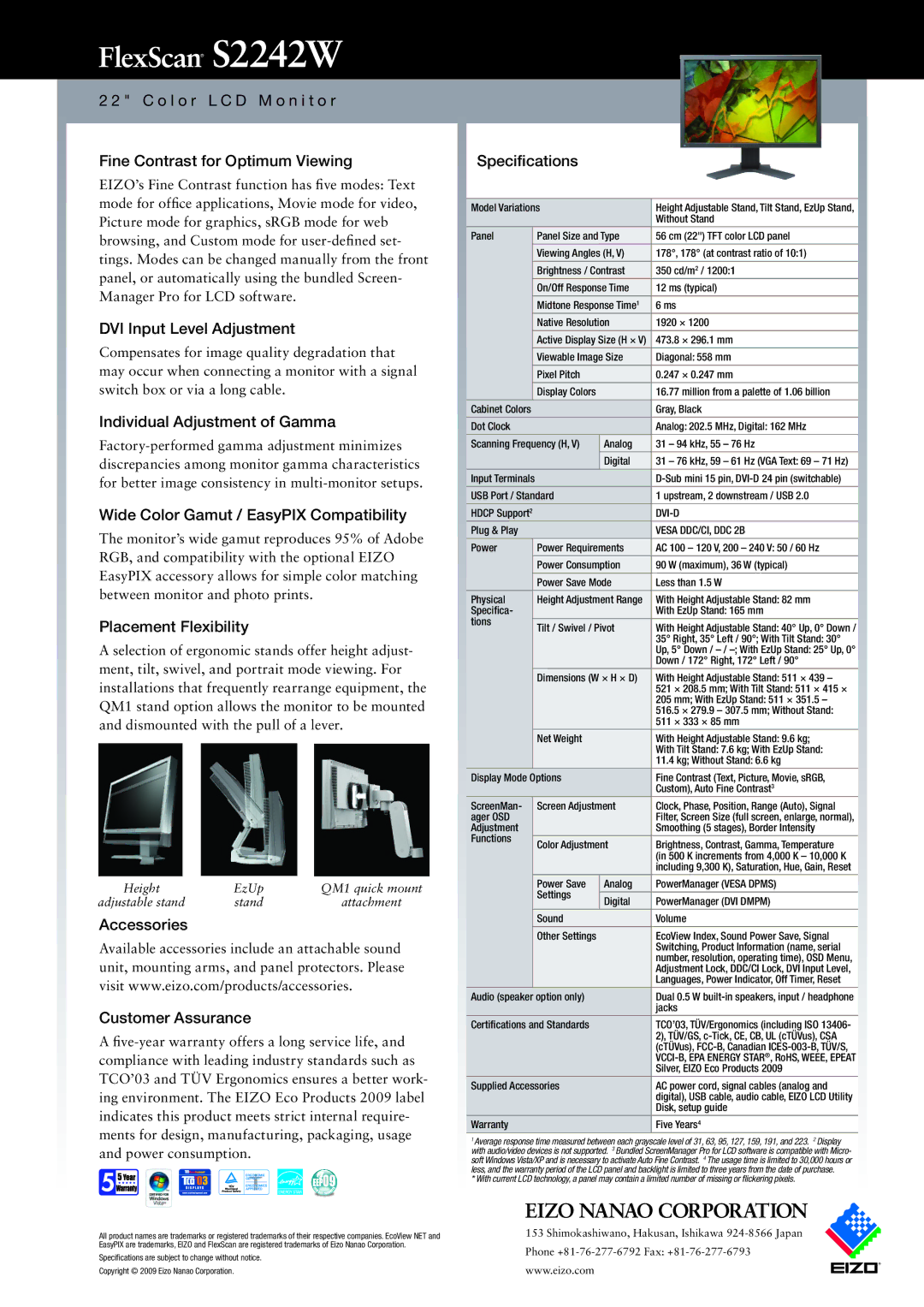Eizo S2242W warranty DVI Input Level Adjustment, Individual Adjustment of Gamma, Wide Color Gamut / EasyPIX Compatibility 