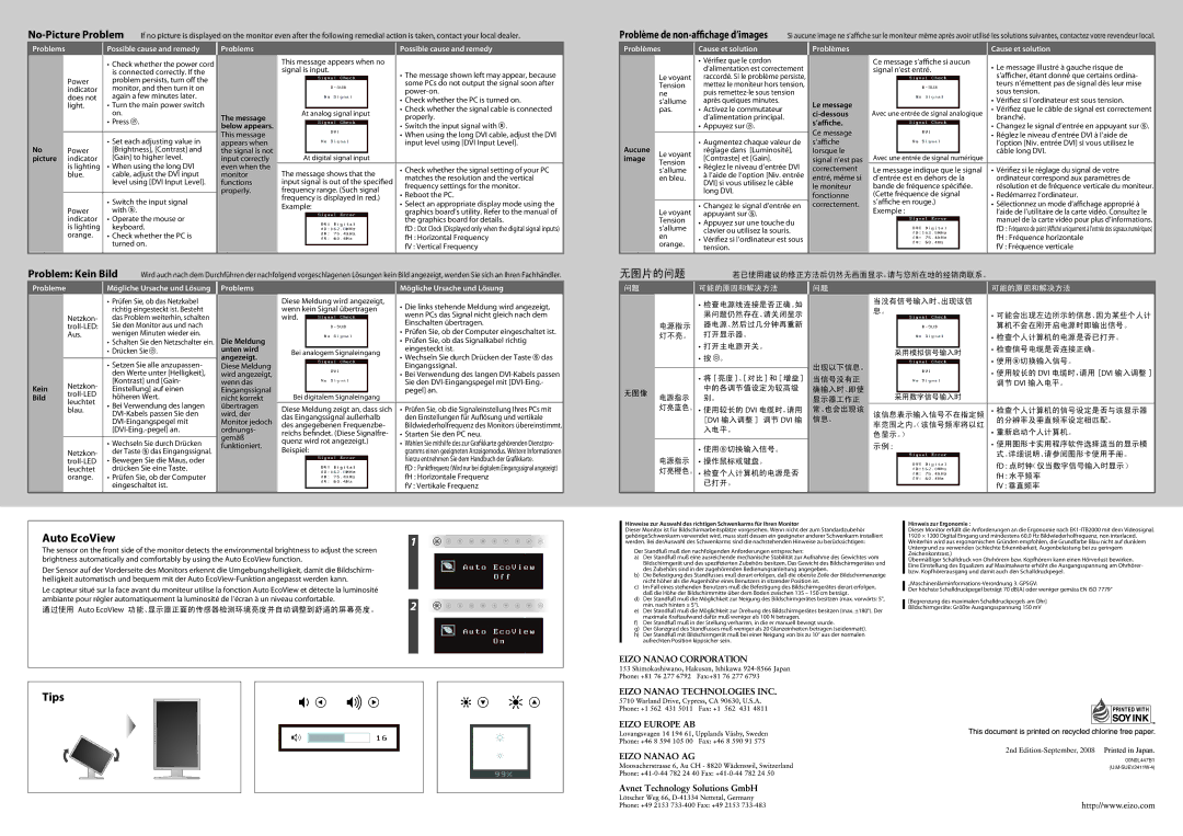 Eizo S2402W setup guide Problems, Possible cause and remedy, Problèmes Cause et solution, Mögliche Ursache und Lösung 