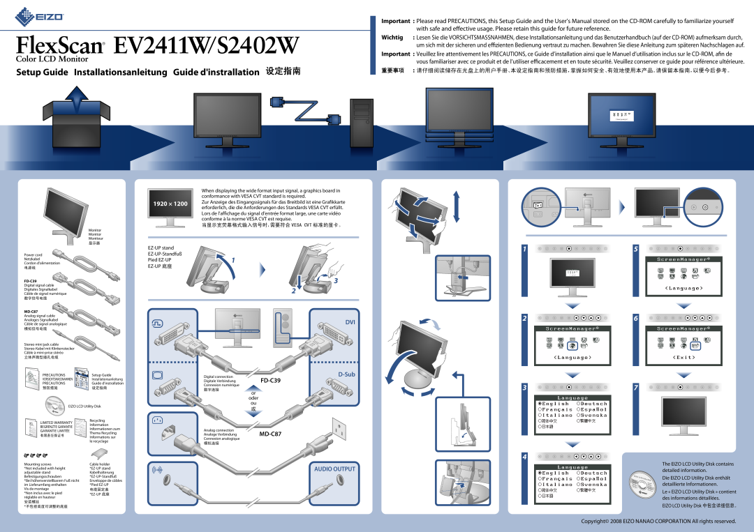 Eizo S2402W setup guide Setup Guide Installationsanleitung Guide dinstrallation 设定指南, 1920 ×, FD-C39, Audio Output, D-Sub 