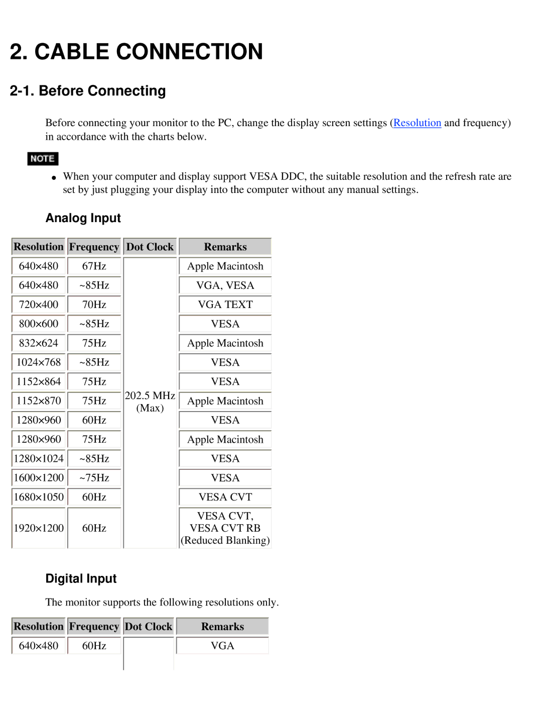 Eizo S2410W specifications Cable Connection, Before Connecting, Analog Input, Digital Input 