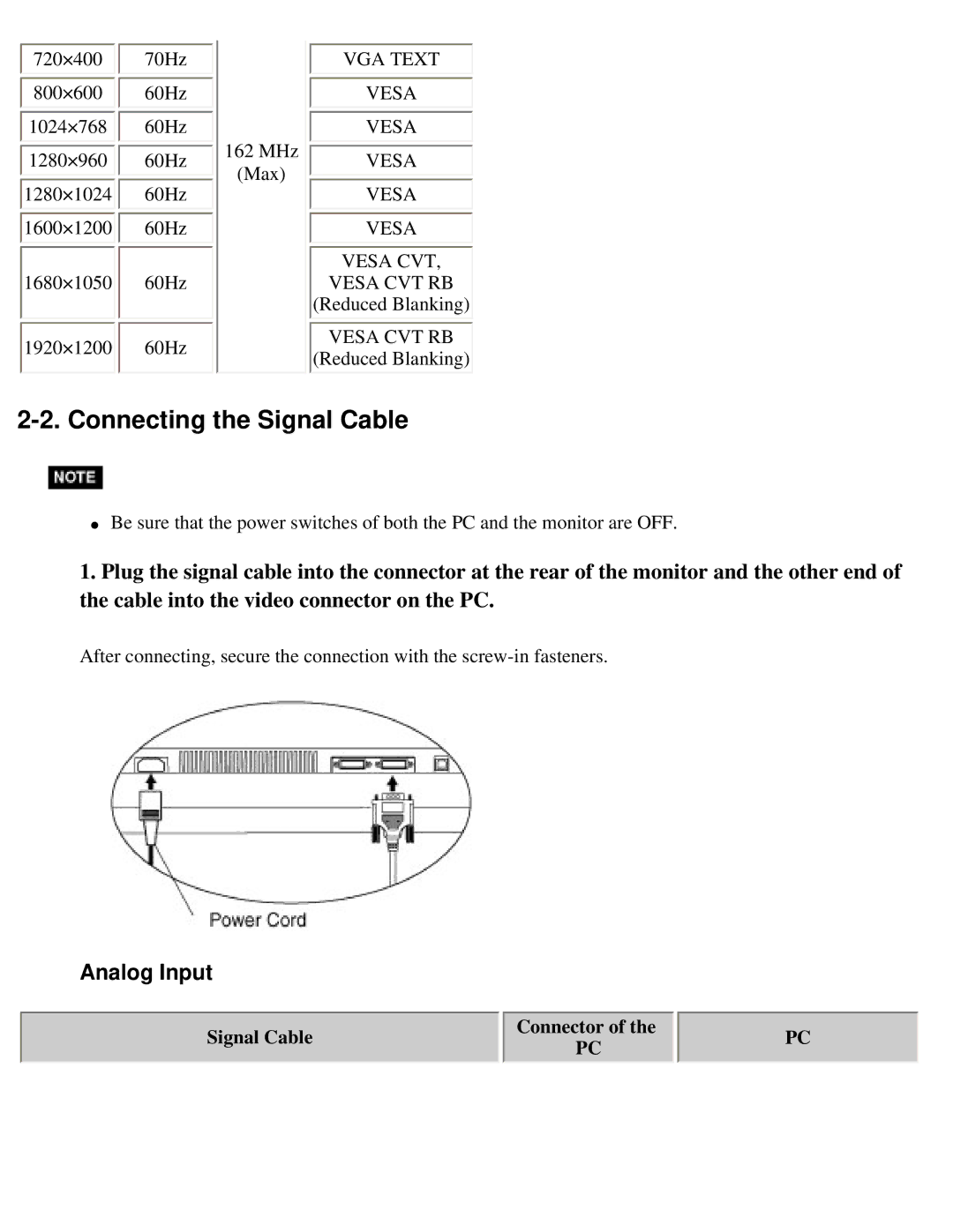 Eizo S2410W specifications Connecting the Signal Cable, Connector Signal CablePC 