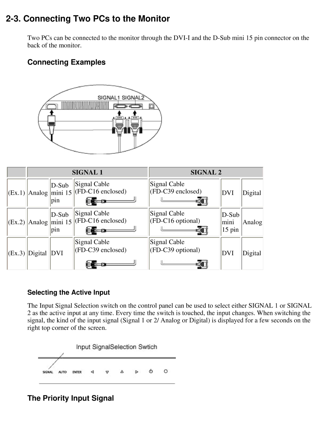 Eizo S2410W Connecting Two PCs to the Monitor, Connecting Examples, Priority Input Signal, Selecting the Active Input 