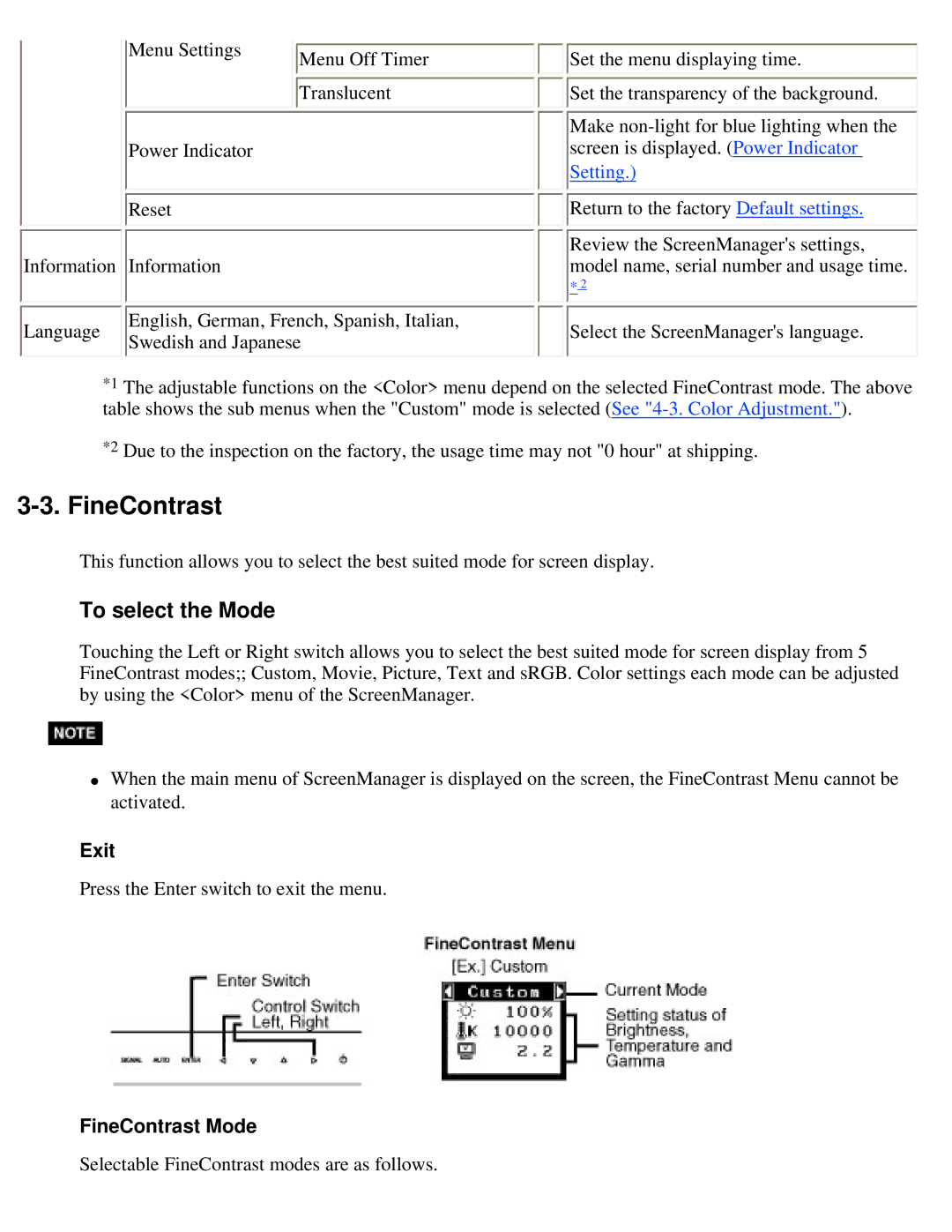 Eizo S2410W specifications To select the Mode, Exit, FineContrast Mode 