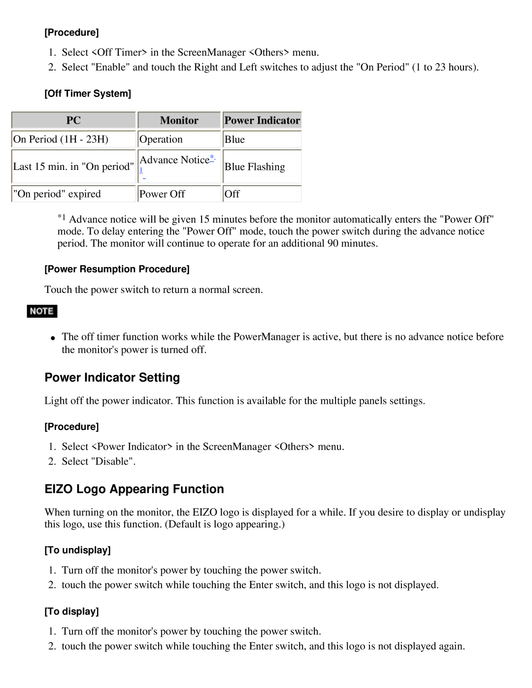 Eizo S2410W specifications Power Indicator Setting, Eizo Logo Appearing Function, Monitor 