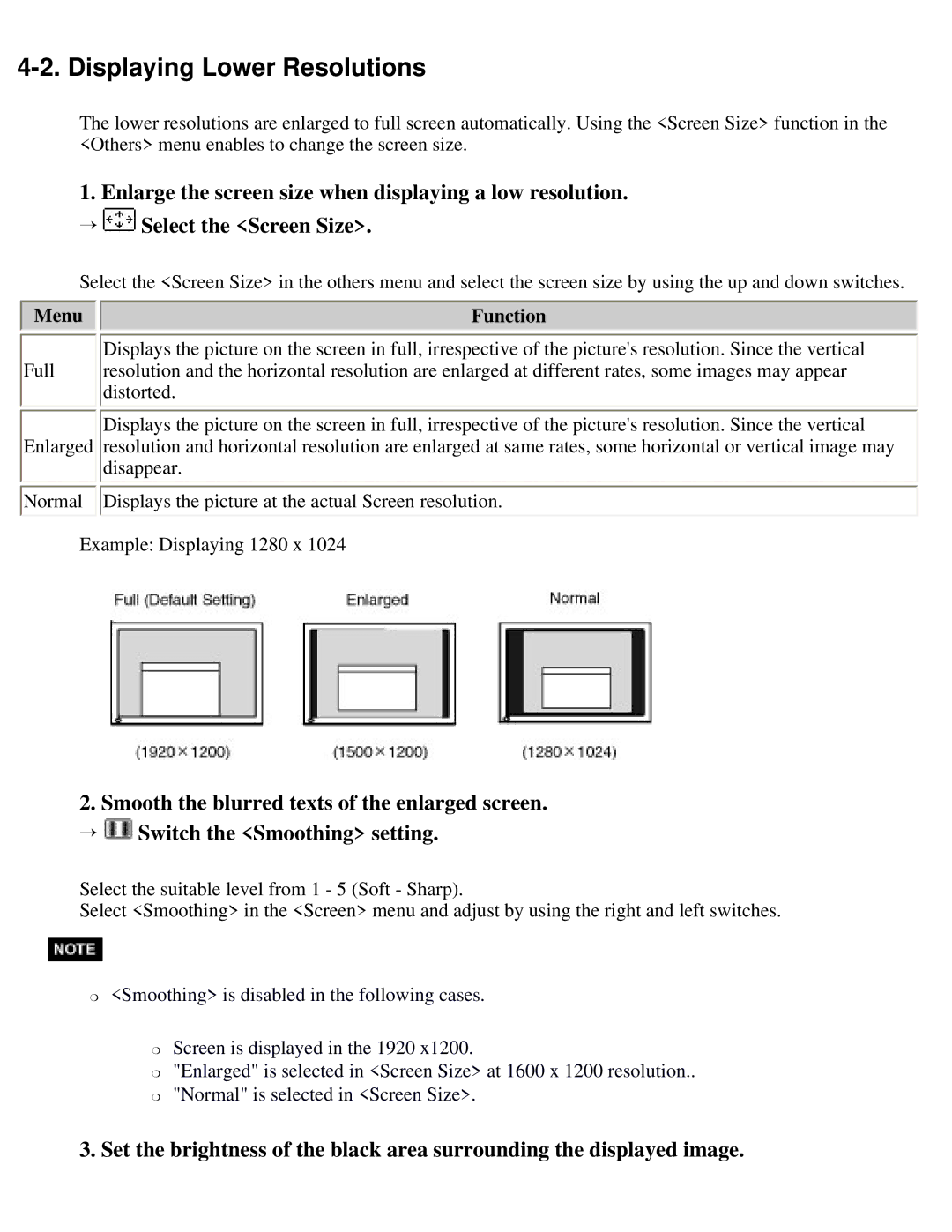 Eizo S2410W specifications Displaying Lower Resolutions, Menu Function 