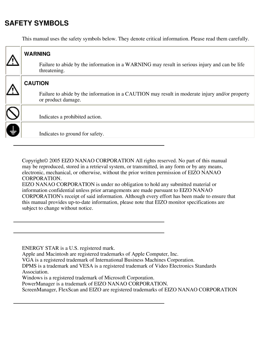 Eizo S2410W specifications Safety Symbols 